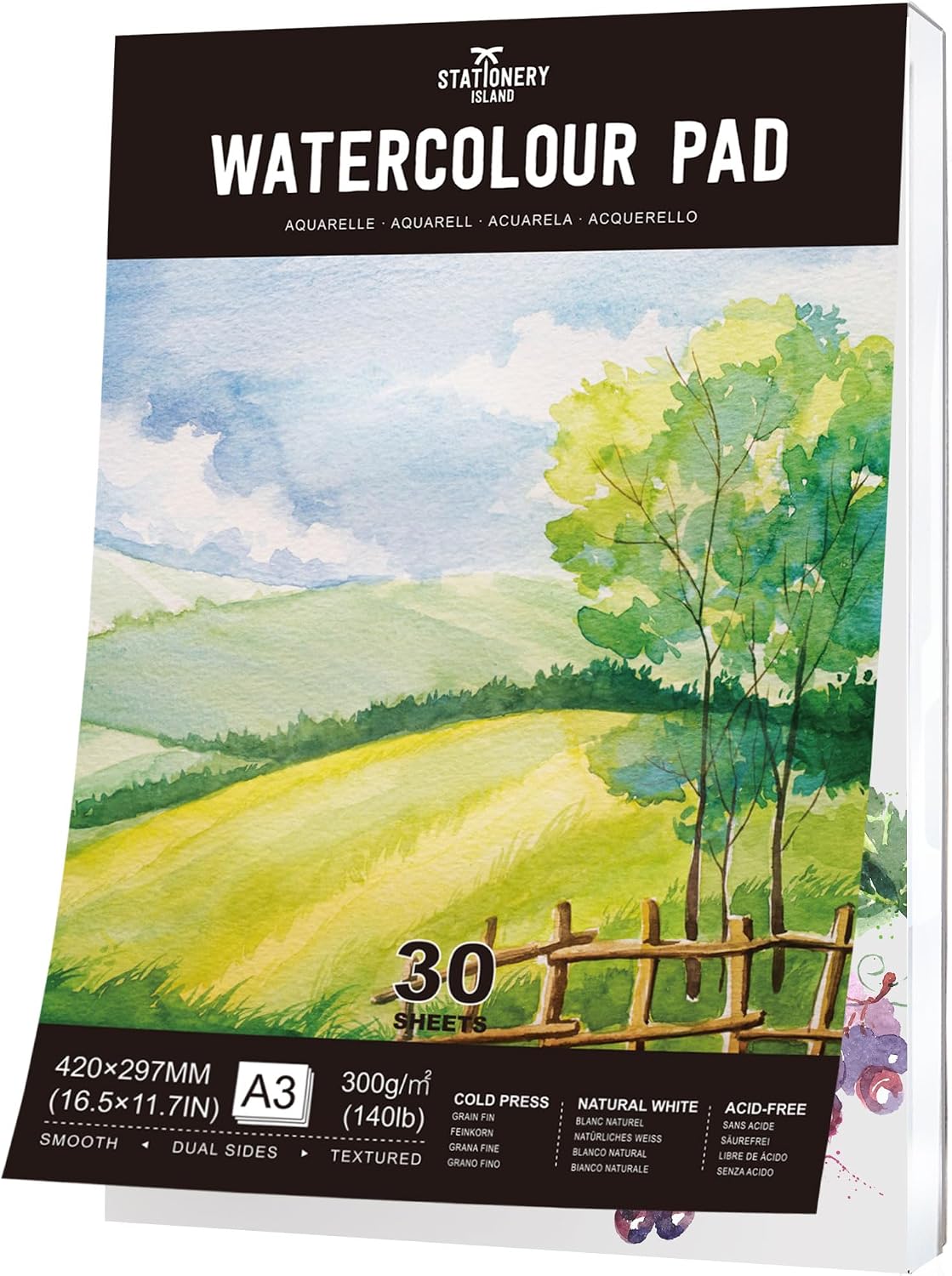 Detalle de Stationery Island Aquarellpapier A3 (300 g/m²) – 30 Blatt Aquarellblock im Skizzenbuch-Format