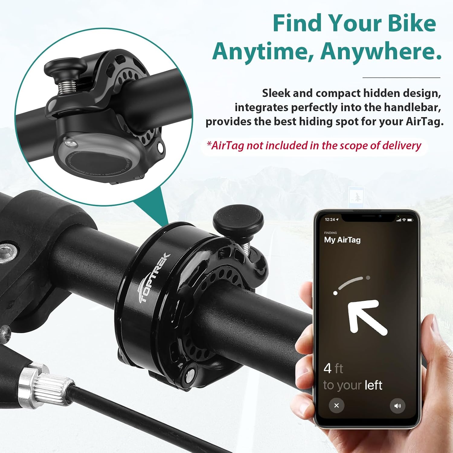Detalle de toptrek Bike Bell (2025) with hidden AirTag compartment, up to 110dB waterproof aluminium bike bell for kids and adults
