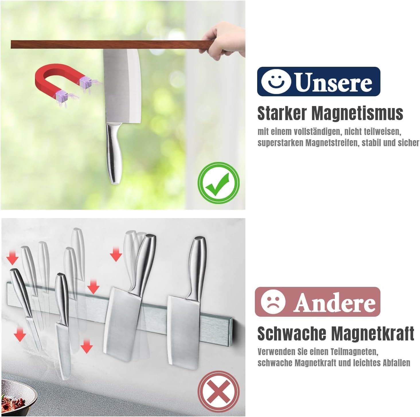 Detalle de Dmore Magnetleiste für Messer (50 cm) mit 2 Haken – magnetisch ohne Bohren aus Walnuss