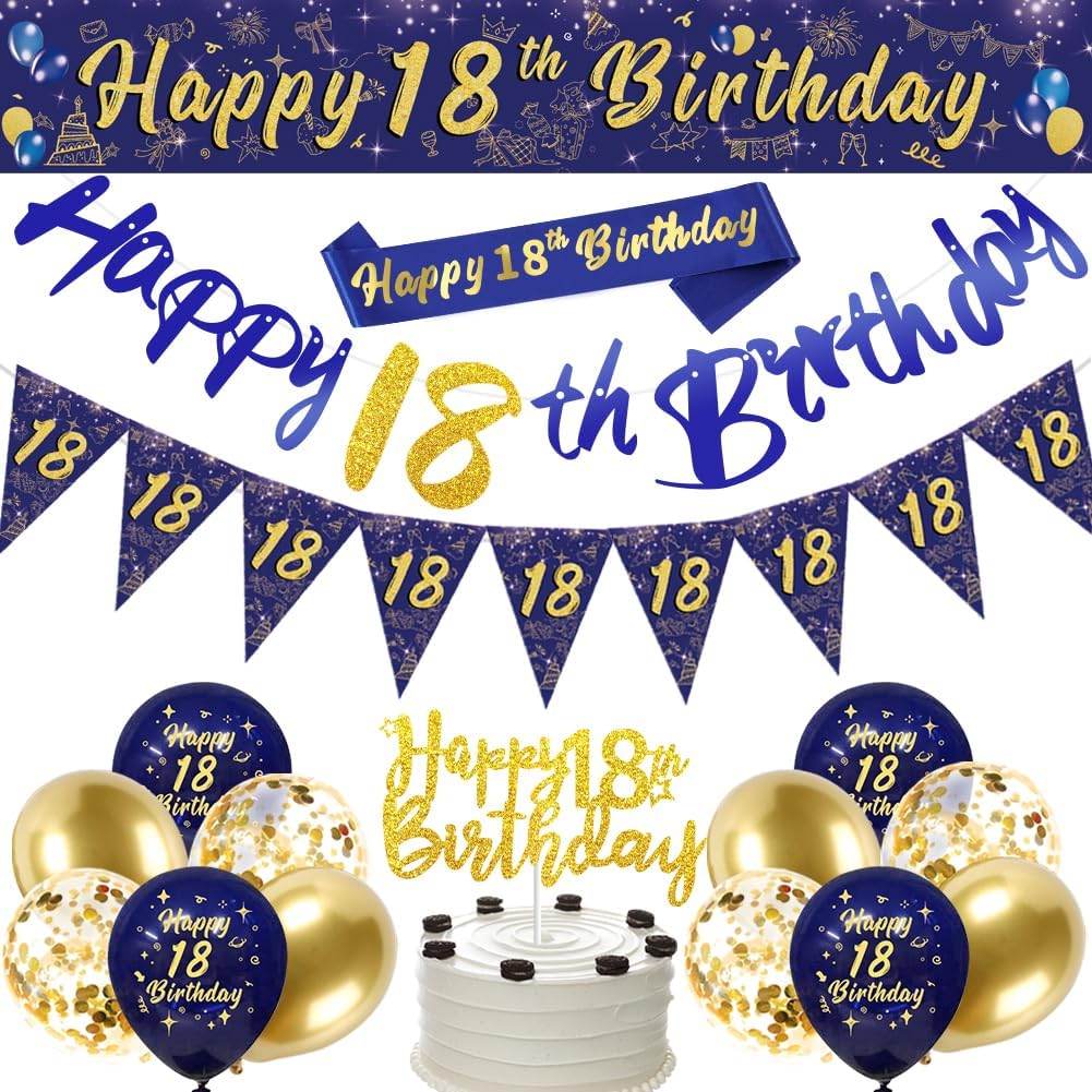 Imagen de Navy Blue & Gold 18th Birthday Decorations for Men – Triangular Flags, Balloons & More en OfertitasTOP