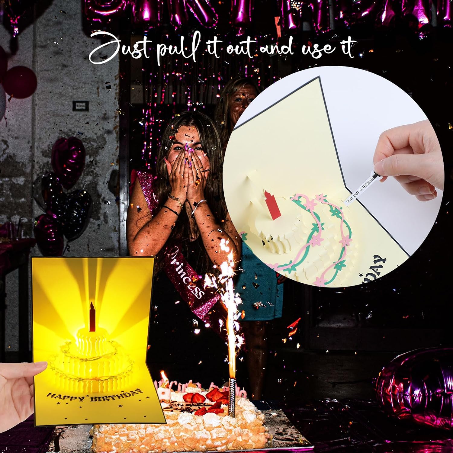Thumbnail 6 de GeeRic Carte d'anniversaire 3D musicale avec enveloppe et étiquette — Carte cadeau lumineuse pop-up