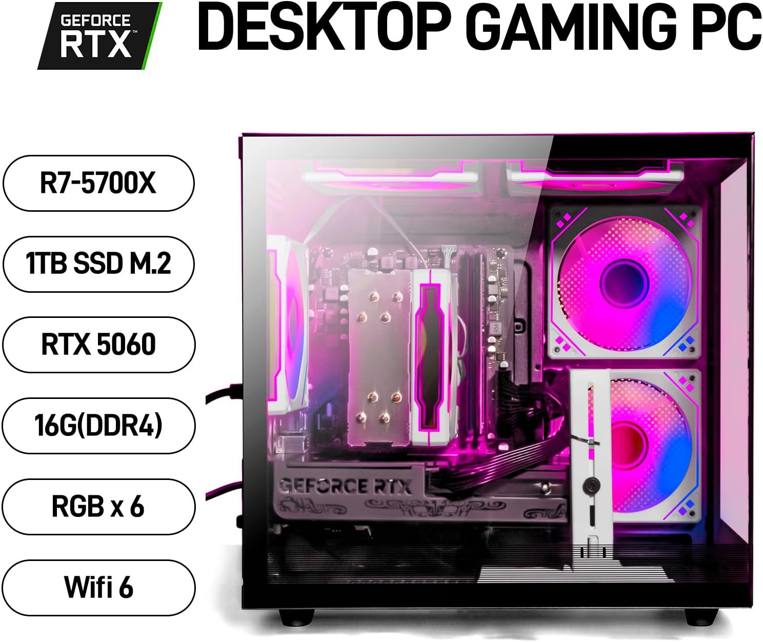 Detalle 2 de WIWB Gaming PC Desktop: Ryzen 7 5700X + RTX 5060 (16GB/1TB NVMe) Prebuilt Tower