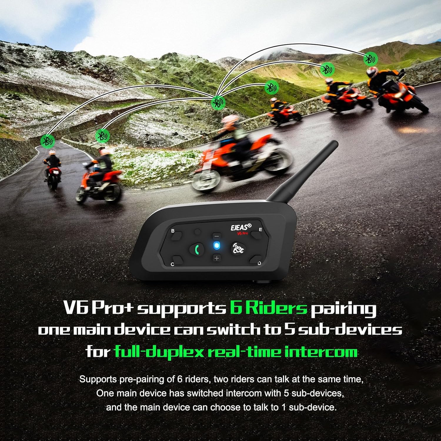 Detalle de EJEAS V6 Pro+ Motorcycle Helmet Bluetooth Intercom (2 Pack) – 6‑User, 5.1 Bluetooth, Type‑C