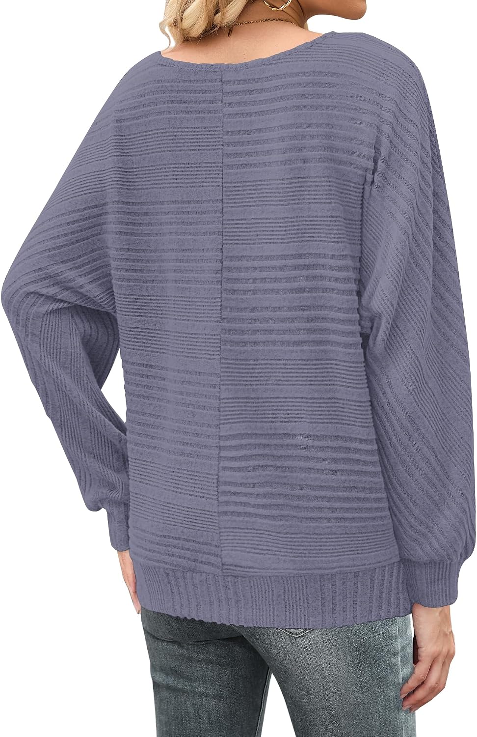Detalle 2 de WNEEDU Women's Ribbed Knit Tunic Sweater, Long Sleeves, Batwing Sleeves, Crewneck