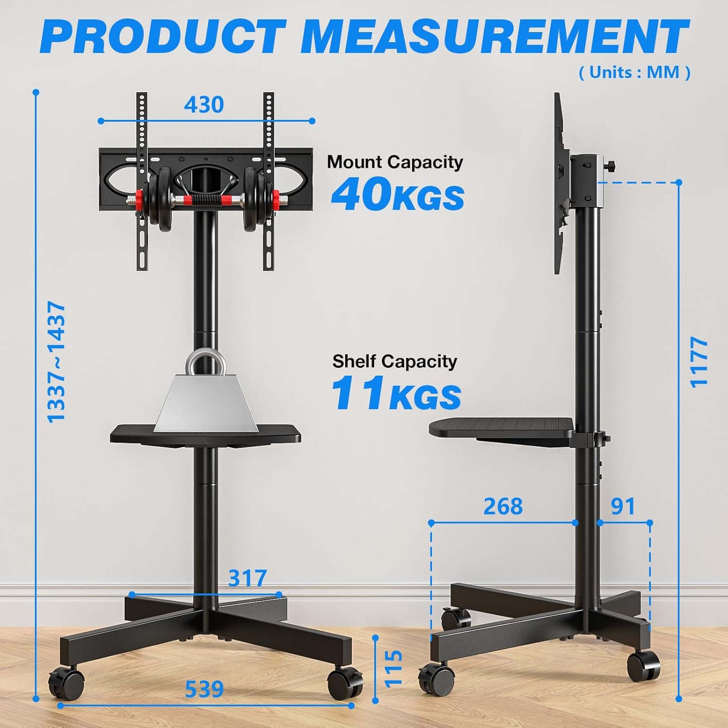 Thumbnail 3 de RFIVER Mobile TV Stand on Wheels (27–60 inch) with Height Adjustment, Tilt and VESA 400×400mm up to 40kg