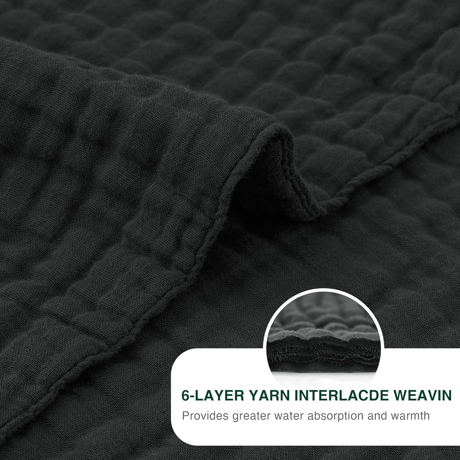 Thumbnail 4 de Love's Cabin 100% Cotton Muslin Blanket — 6-Layer Lightweight King Size (108 x 90 Inches) in Black