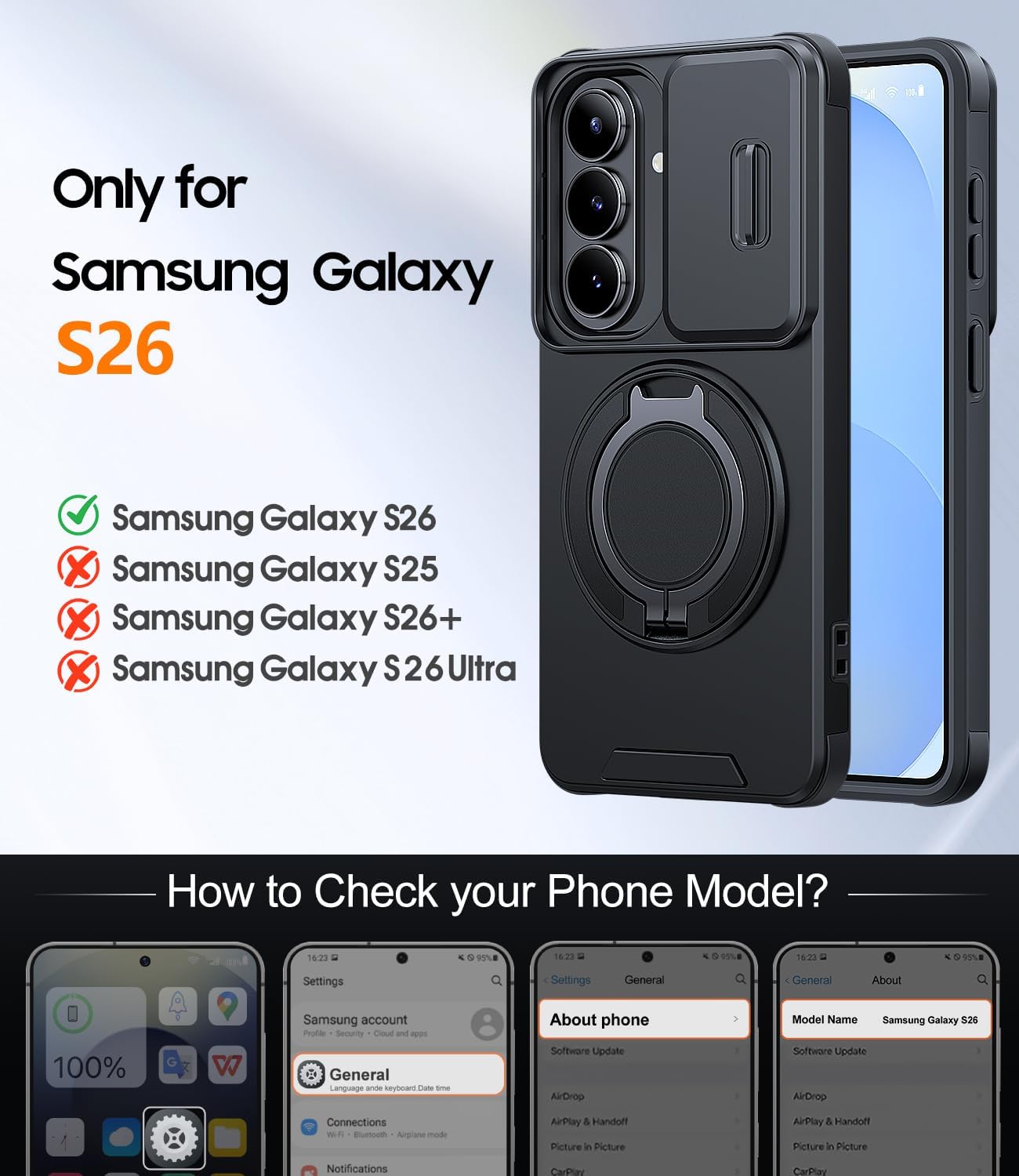 Detalle de JAME for Samsung Galaxy S26 Case with Ring Holder, Camera Slide Cover, Screen Protector, and Magnetic Accessories (Black)