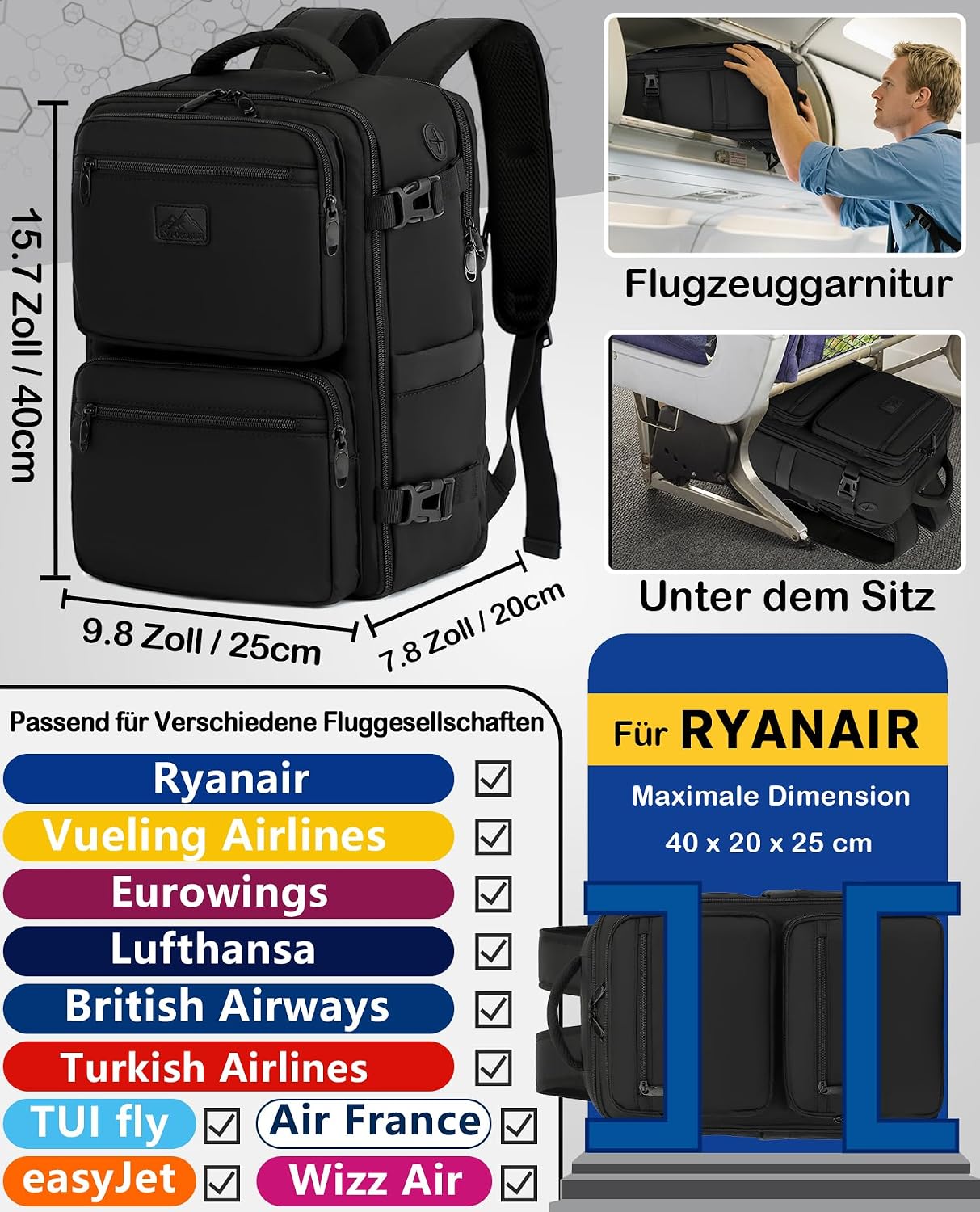 Detalle 2 de LYNXCHER Rucksack 40×20×25 Handgepäck 20L
