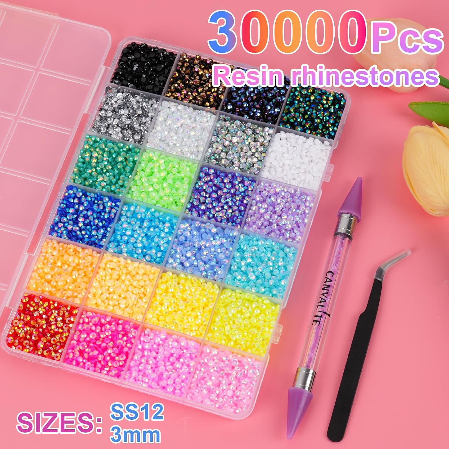 Detalle de 30000 PCS Resin Jelly Rhinestones Bedazzling Kit – 3mm Flat Back Nail Gems with Tweezers and Pen