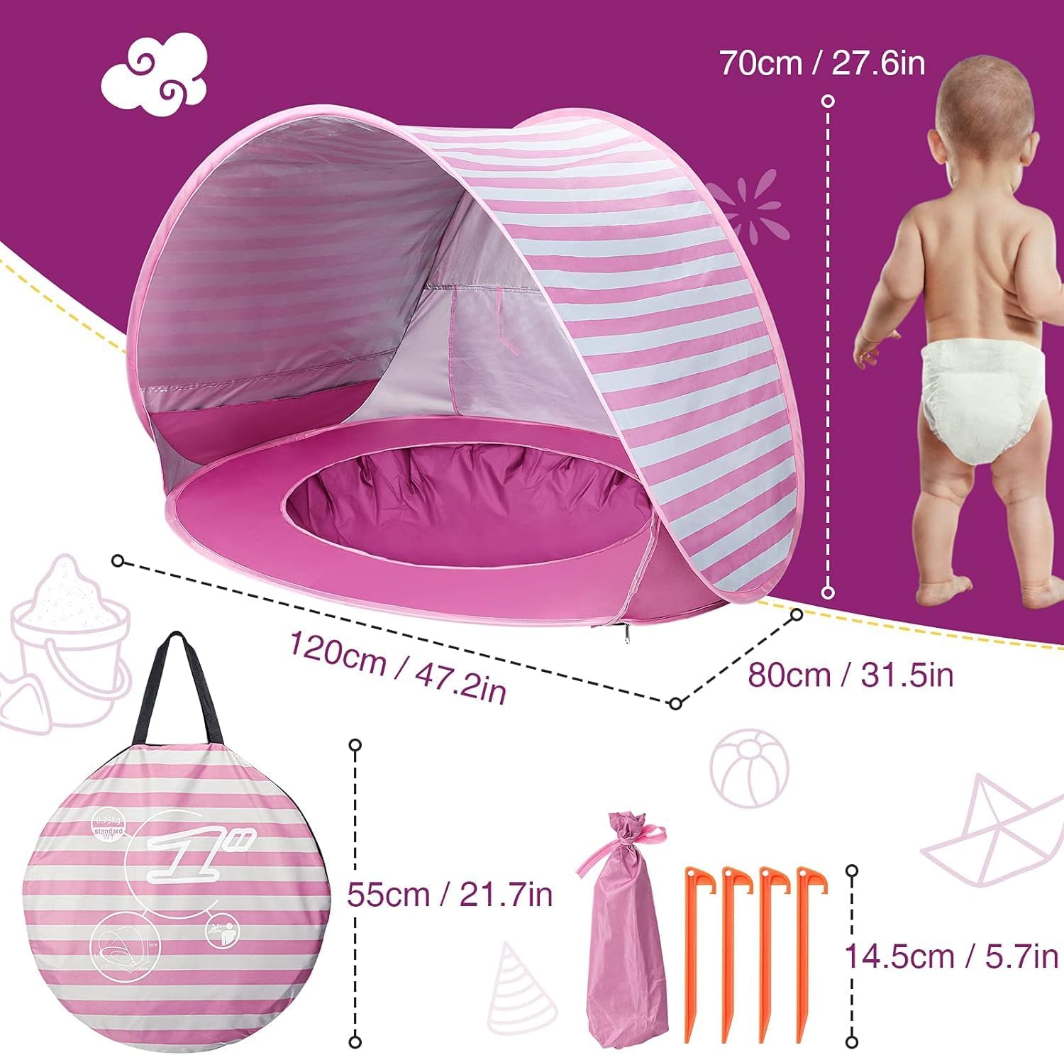 Detalle de Pop Up Baby Beach Tent with Automatic Sun Shade & Mini Pool (Pink)