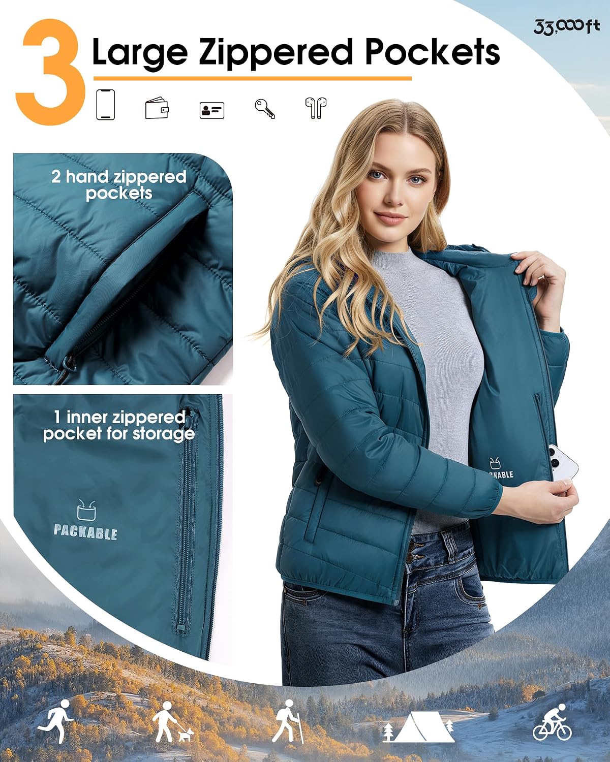 Thumbnail 4 de 33,000ft Women’s Lightweight Puffer Jacket with Hood – Water Repellent, Packable Quilted Coat