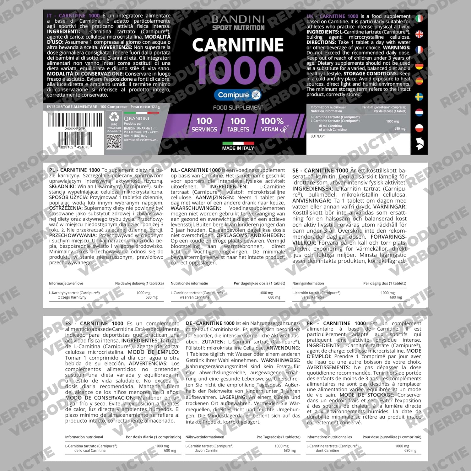 Detalle de BANDINI L-Carnitine 1000 tabletten met Carnipure®, 100 stuks