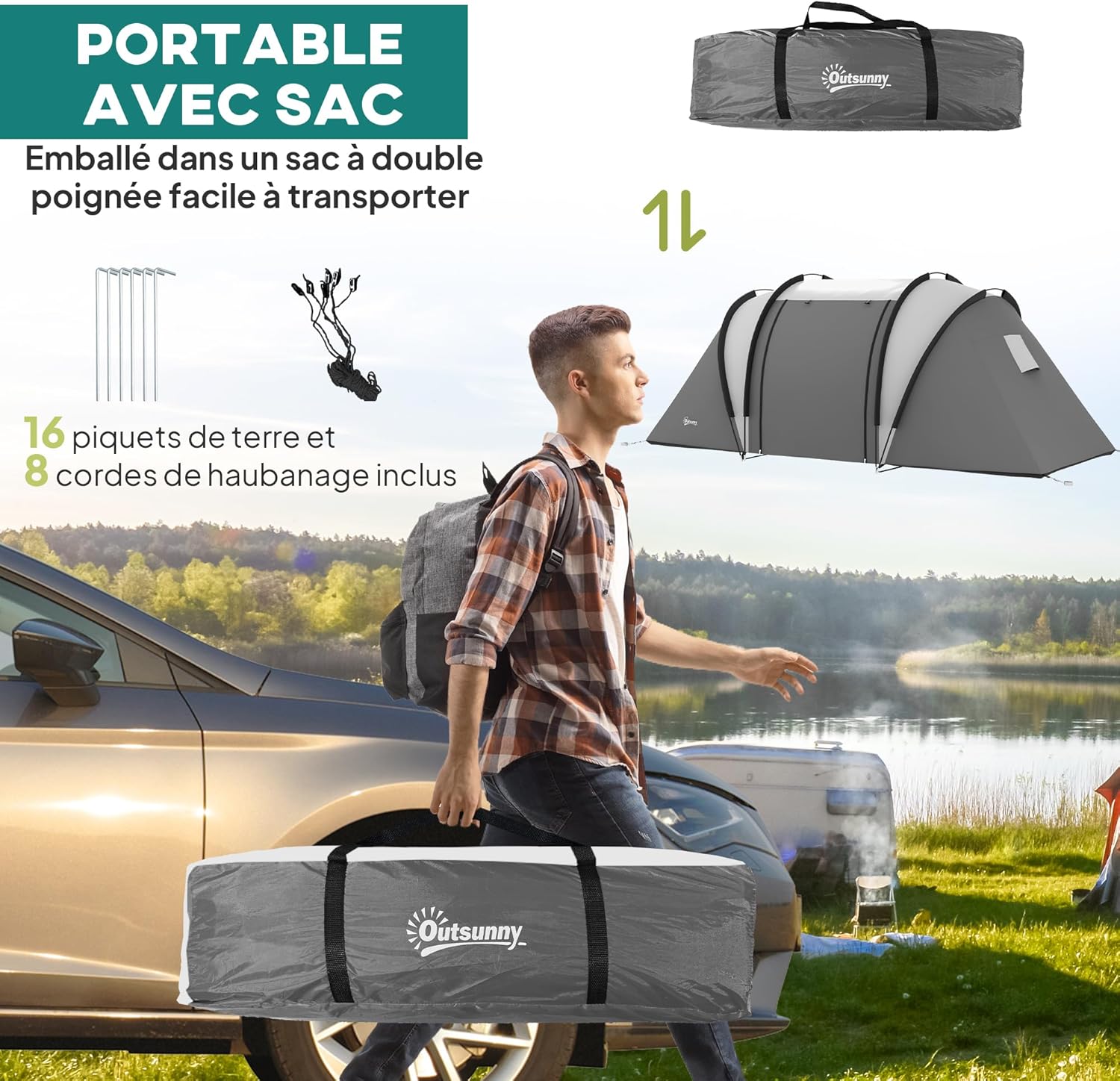 Thumbnail 5 de Outsunny Tente de Camping familiale 4-5 personnes, 2 chambres, 3000 mm – montage facile