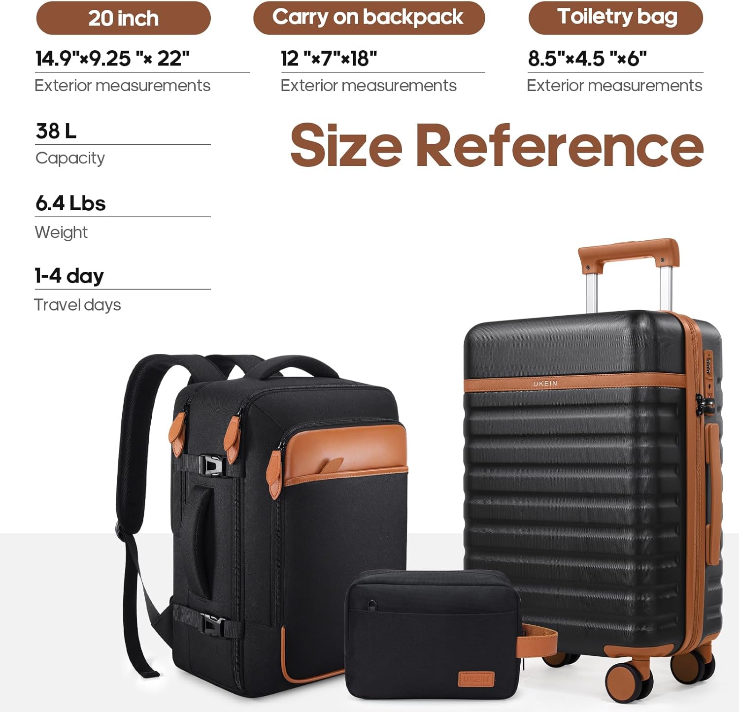 Thumbnail 6 de UKEIN Luggage Sets 3-Piece Carry-On Set (20-In Spinner Hardshell + Travel Backpack + Toiletry Bag) with TSA Lock
