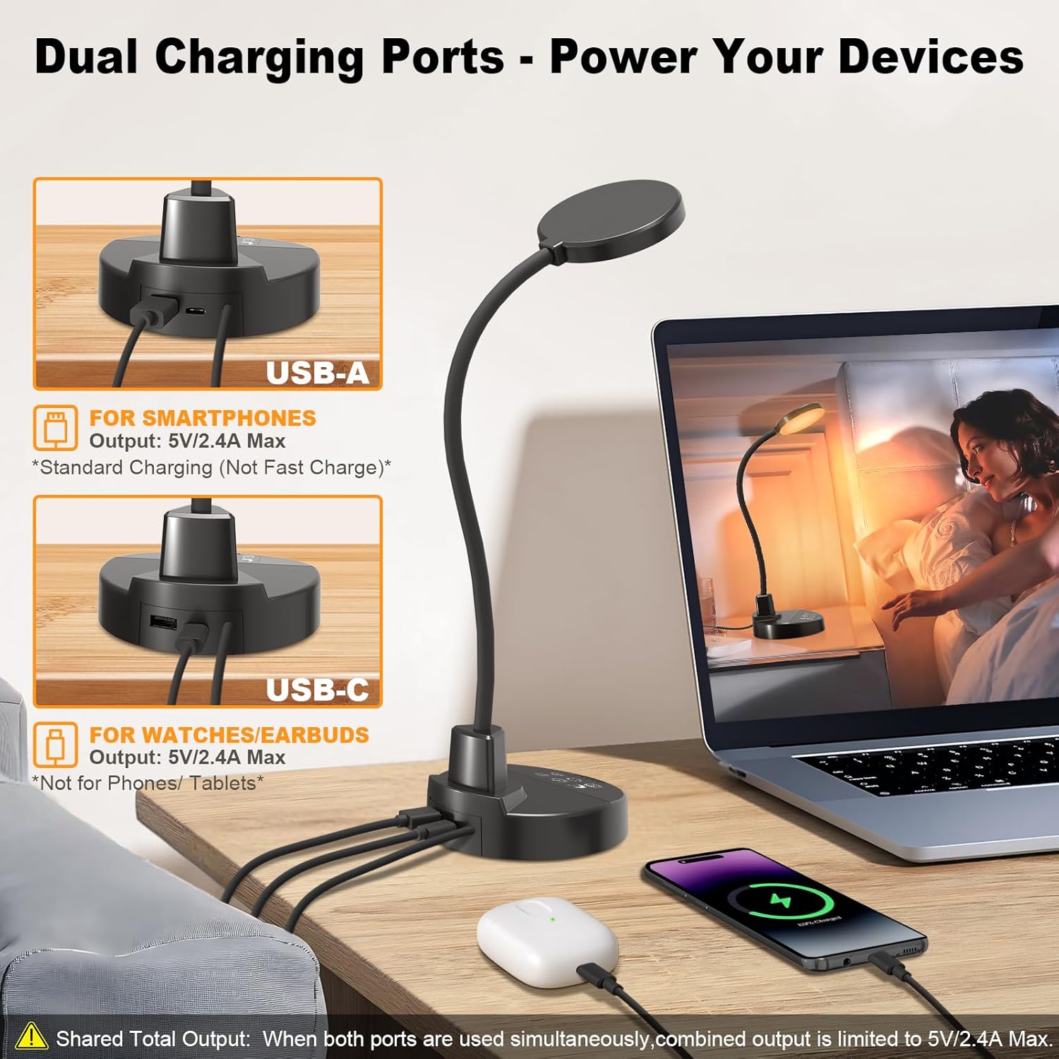 Thumbnail 3 de ZAPLIT 15W Lampada da scrivania con 60 LED, USB-A e USB-C, dimmerabile e braccio a collo d’oca 360°