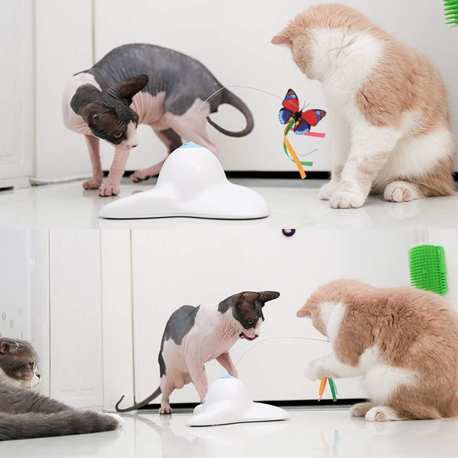Detalle de Vealind interactive smart cat feather toy with 360° rotating butterfly (cream white) for indoor play