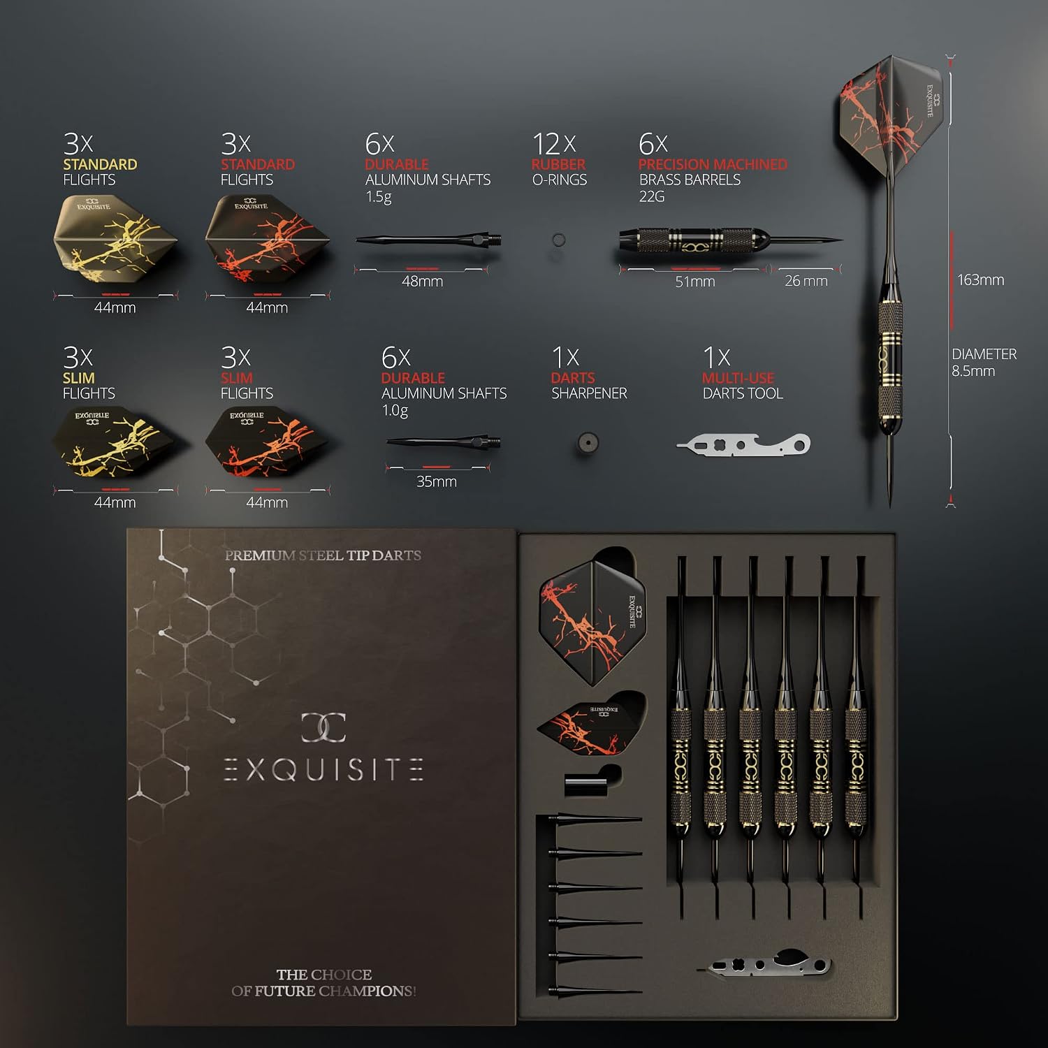 Detalle de CC-Exquisite Professional Steel Tip Darts Set – 6 × 22g with Customisable Barrel, Shaft and Flight Configurations