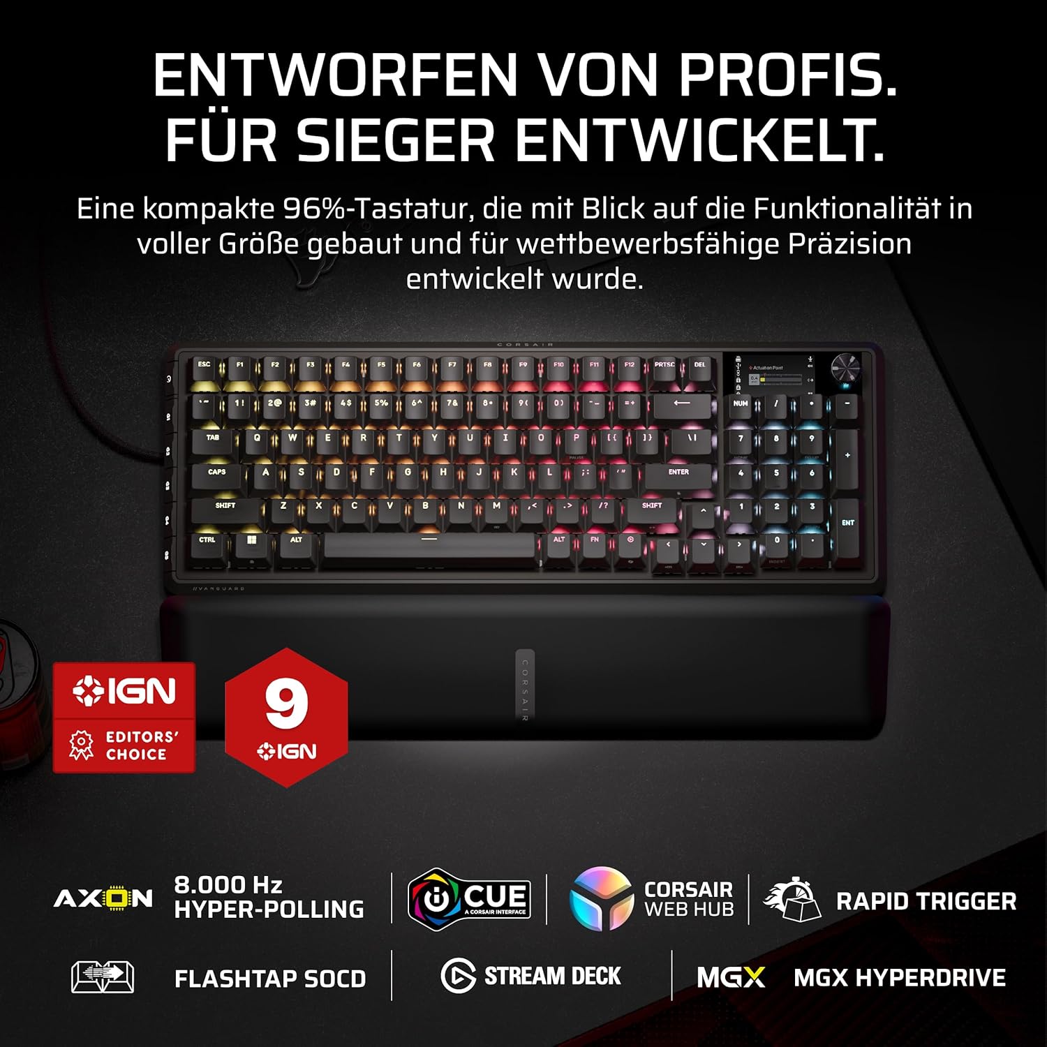 Detalle 2 de Corsair Vanguard PRO 96 – kabelgebundene Hall-Effekt-Gaming-Tastatur (QWERTZ DE) mit MGX Hyperdrive Schalter