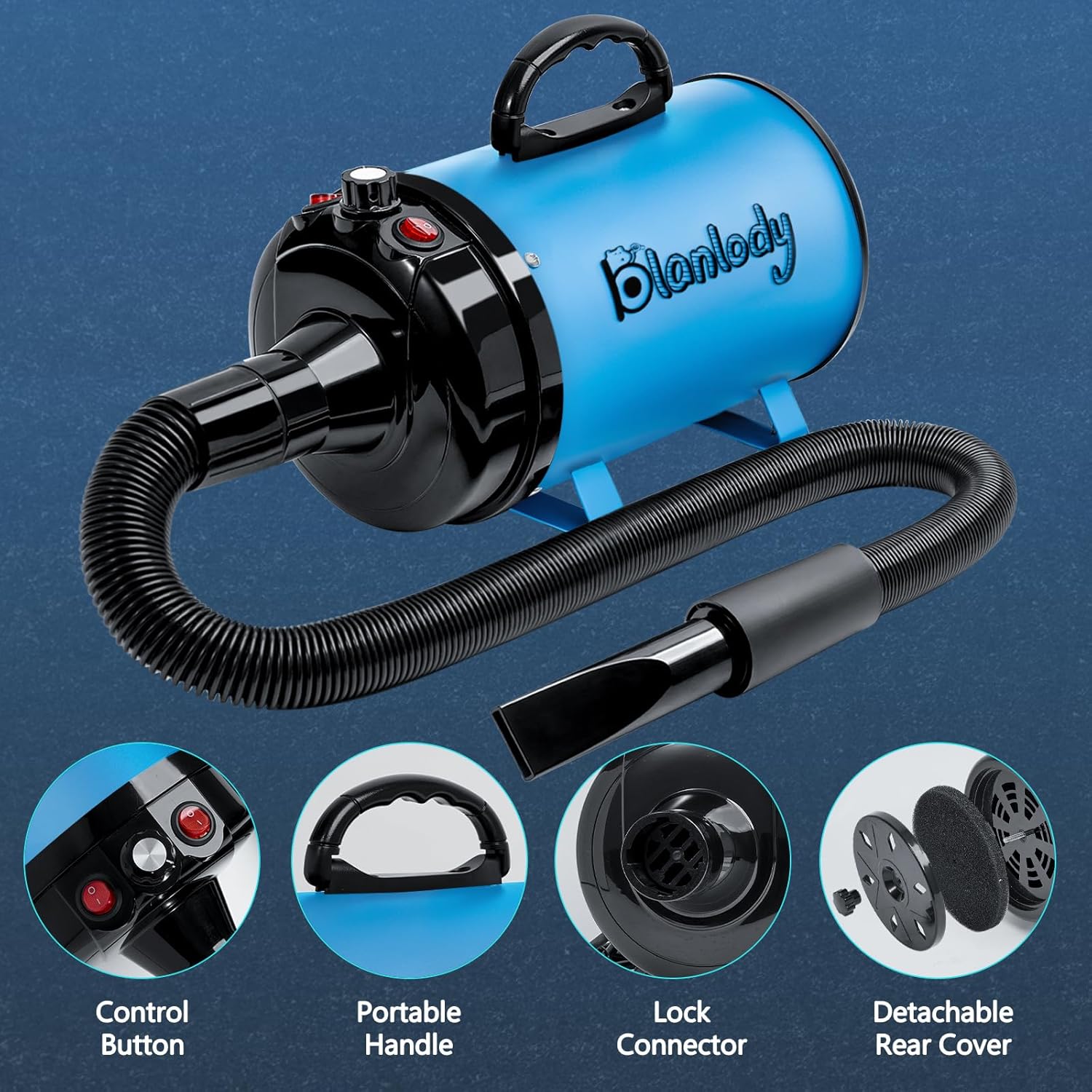 Detalle de Blanlody Dog Hair Dryer Blaster 3800W pet grooming dryer with low-noise heating, 4 nozzles and brush