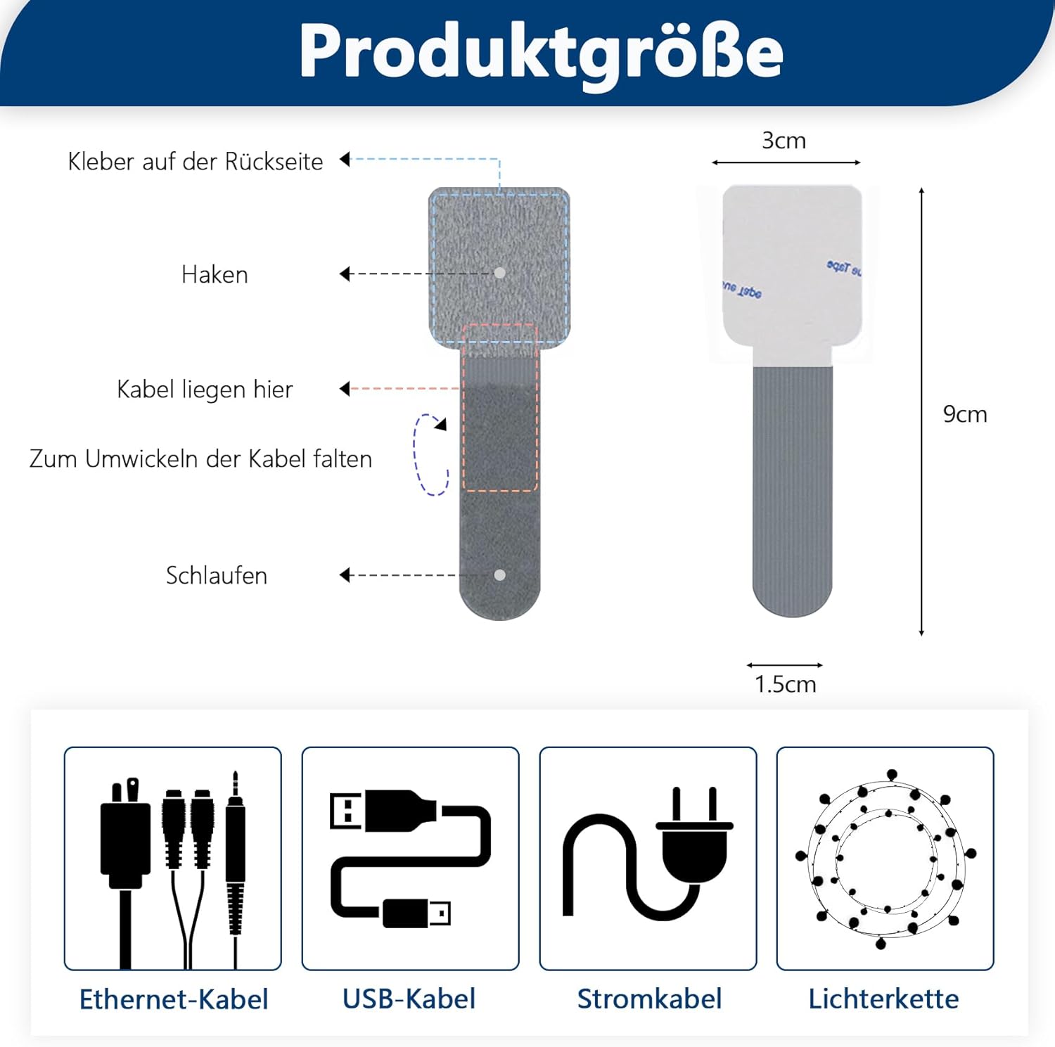 Thumbnail 3 de Abnii 50 Stück selbstklebende Kabelbinder mit Klettband für Kabelmanagement am Schreibtisch (Grey, Small)