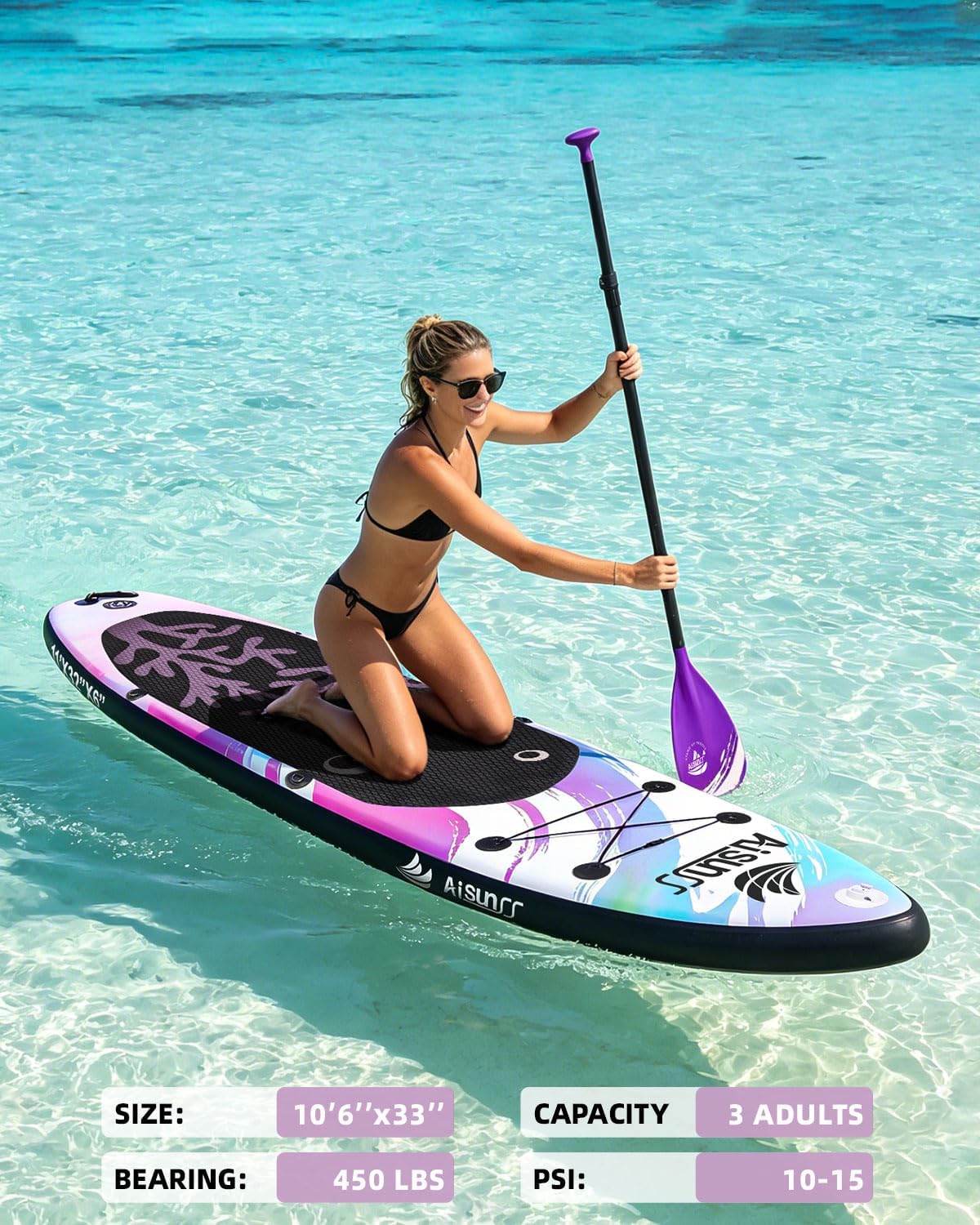 Detalle de AISUNSS Purple Coral Inflatable Paddle Board — 10.6 ft, wide stability with premium accessories