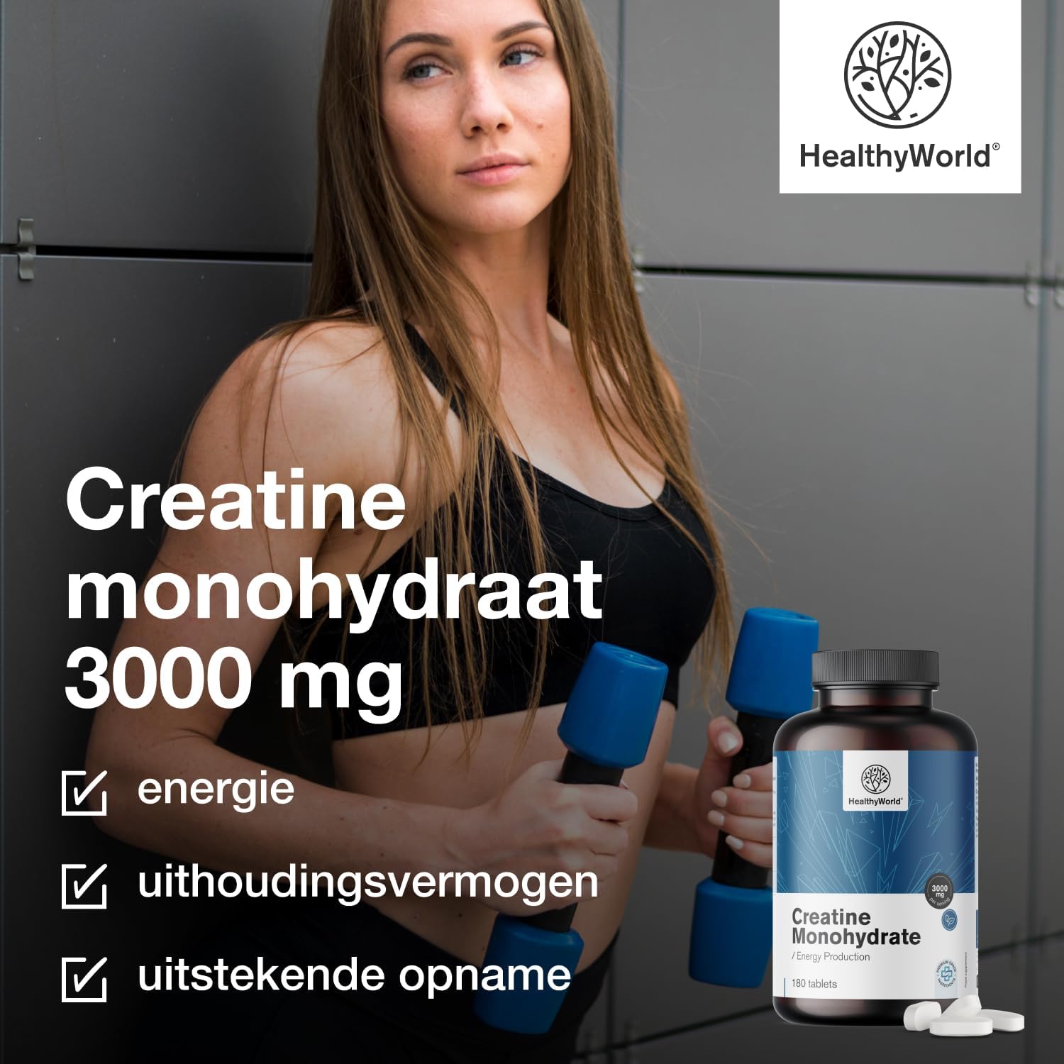 Detalle de HealthyWorld Creatinemonohydraat 3000 mg, 180 vegetarische tabletten
