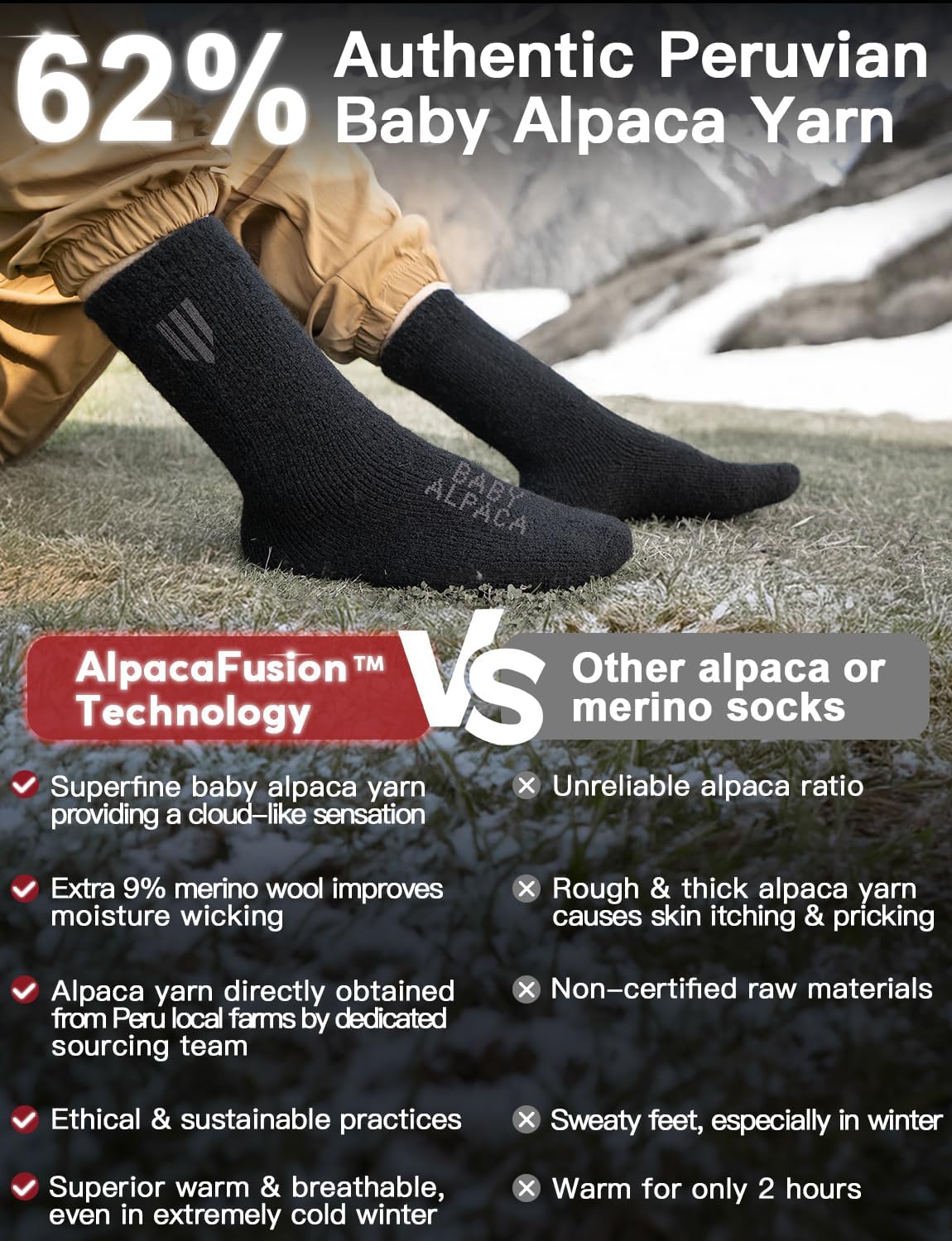 Detalle 2 de Juclise Baby Alpaca Wool Crew Socks for Men, Thick Thermal Winter Socks
