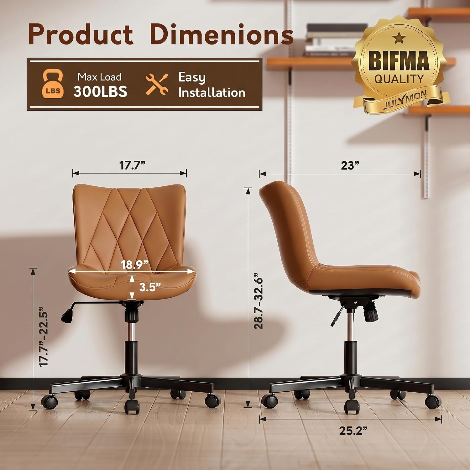 Detalle 2 de Armless Desk Chair, Brown Leather