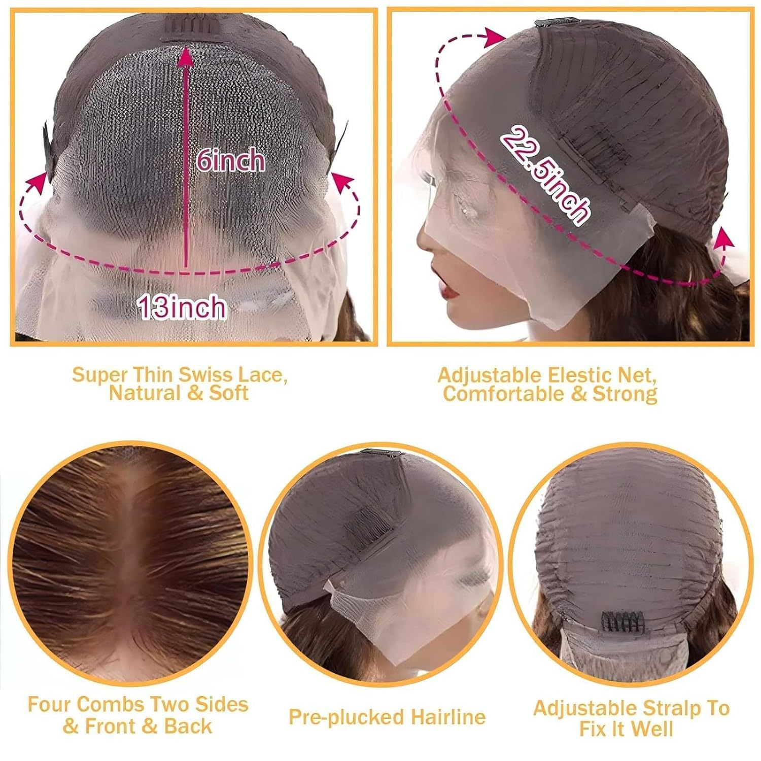 Detalle de QZOQZO Ombre Lace Front Wig Human Hair 13x6 – 28in, 4/27 Highlight, Body Wave, 180% Density
