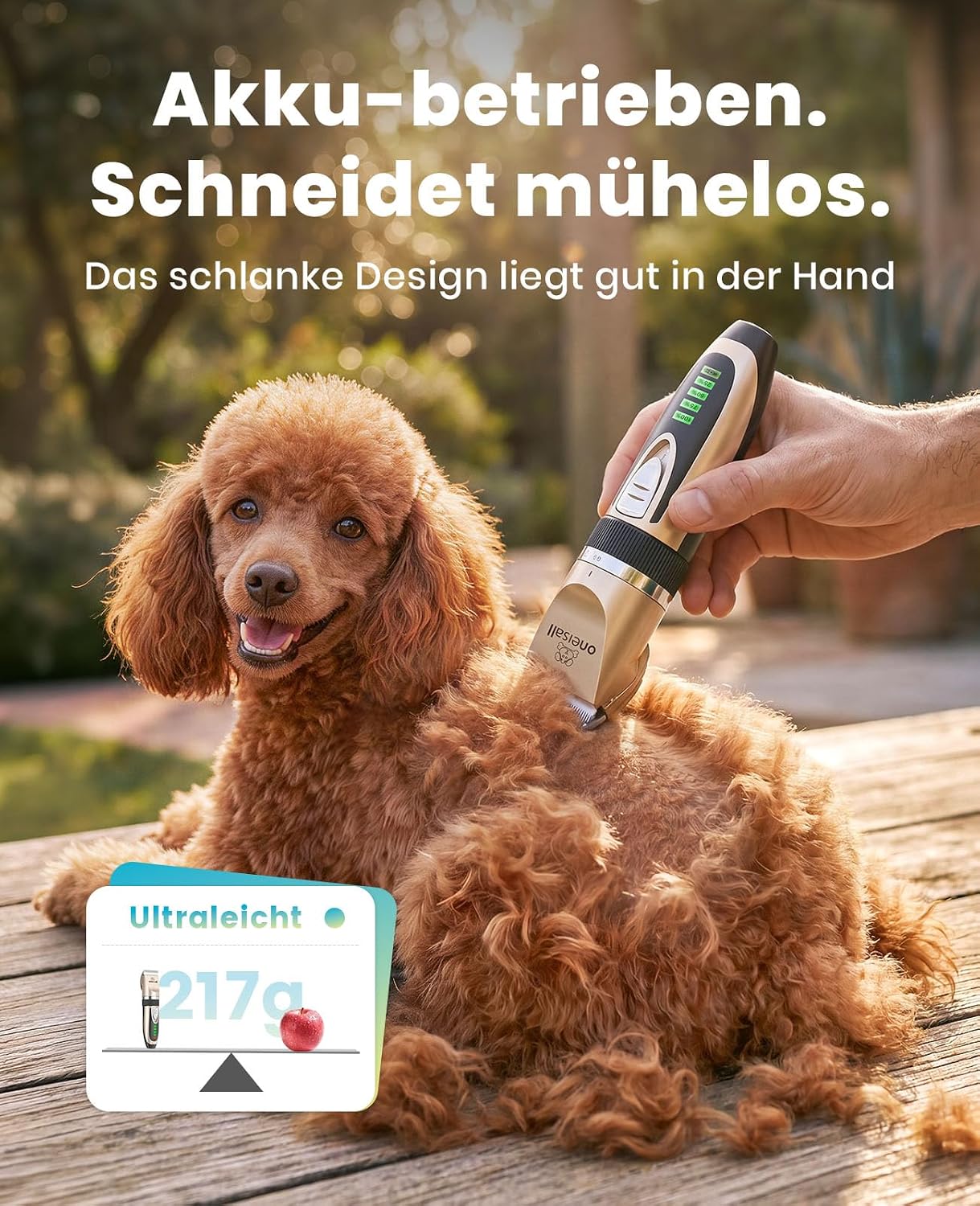 Detalle de oneisall Leise Hundeschermaschine – kabellos, 2000mAh, 4 Stunden Laufzeit, für Langhaar–Fellpflege von Hund & Katze (Gold)