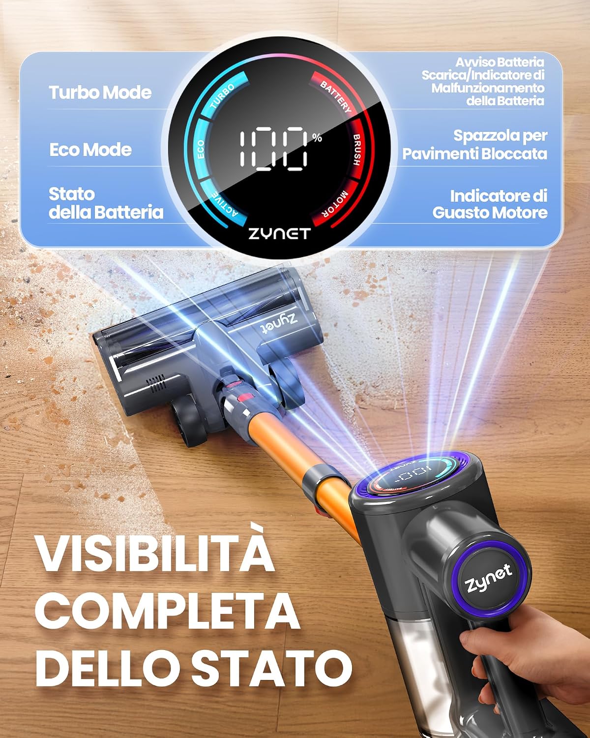 Detalle de Zynet DP2: Aspirapolvere Senza Fili con Doppia Batteria Integrata da 600W, 48KPa e 60 Min di Autonomia