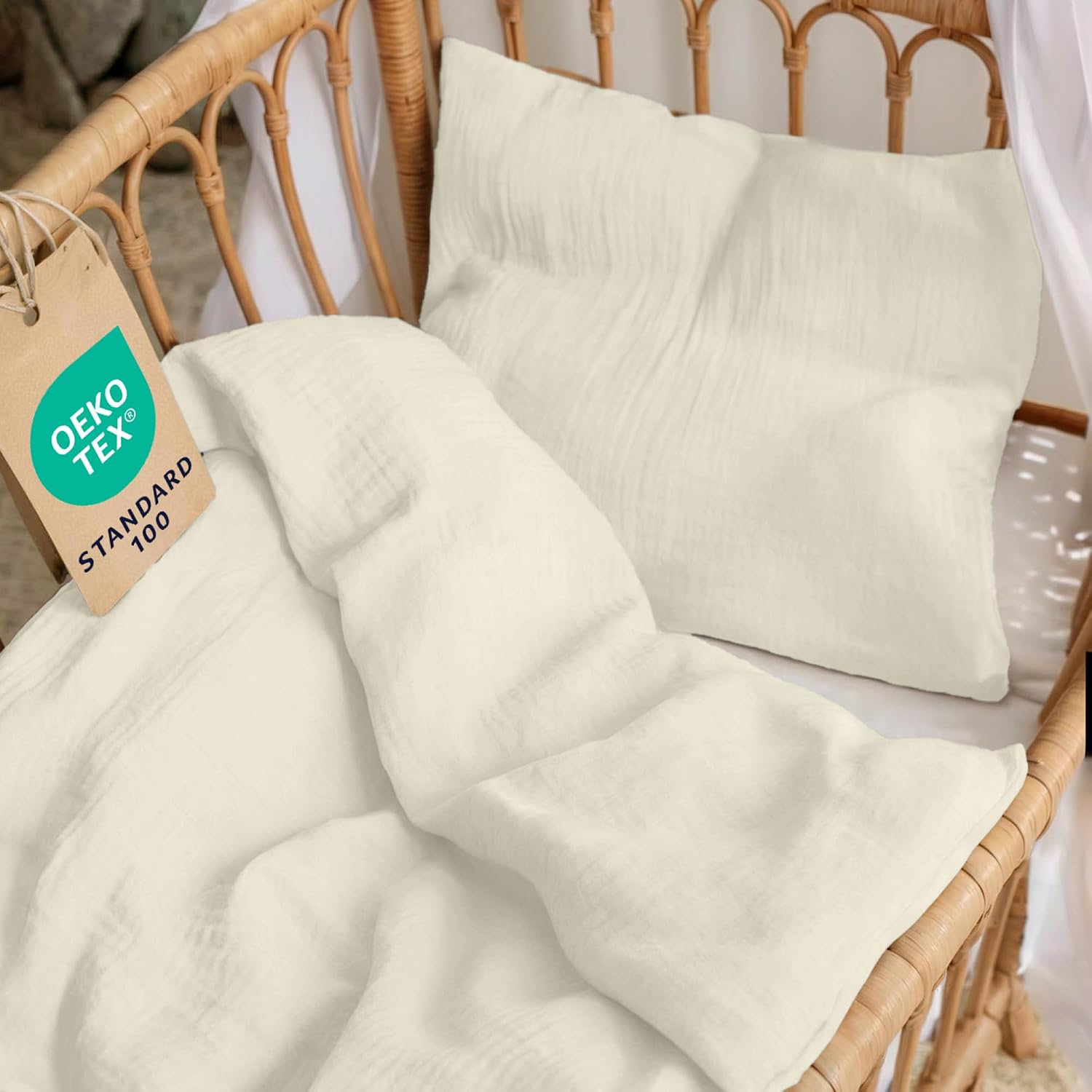 Detalle de Dreamzie Baby Bettwäsche 80x80 cm + Kissenbezug 35x40 cm – Musselin aus 100% Baumwolle, OEKO-TEX, atmungsaktiv & weich, Creme