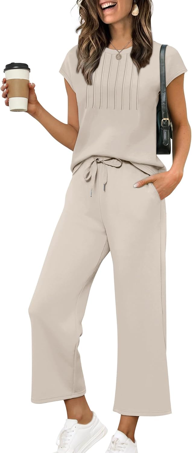 Thumbnail 5 de Sampeel Two-Piece Lounge Set for Women: Cap Sleeve Pleated Top & Cropped Wide-Leg Pants