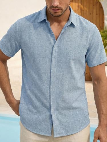 Detalle de Runcati Herren Leinenhemd Kurzarm Blau – Business Sommerhemd in Größe L