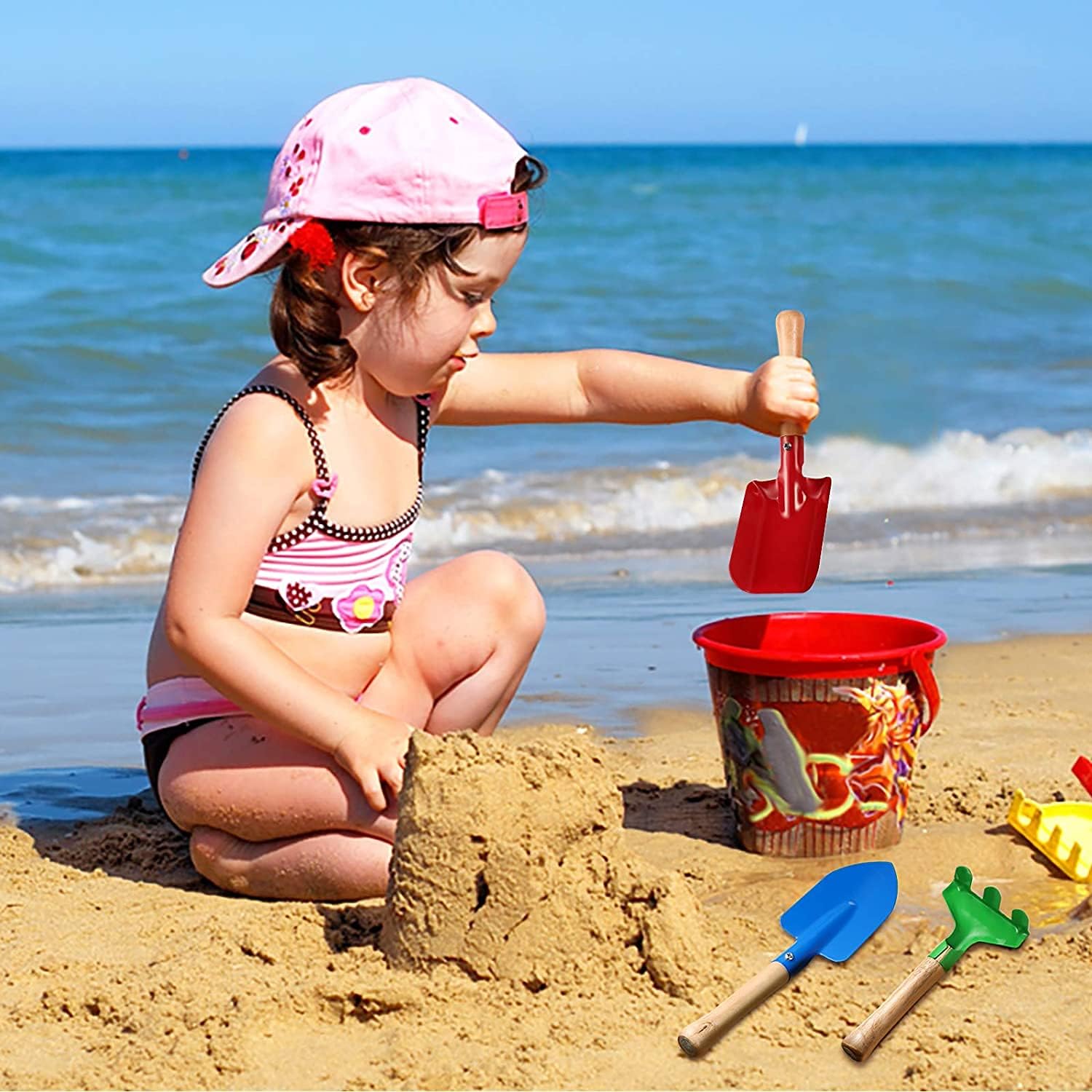 Detalle de Aptoper Kids Gardening Tools Set: 8" Beach Sandbox 5-Piece Metal Tools with Wooden Handles