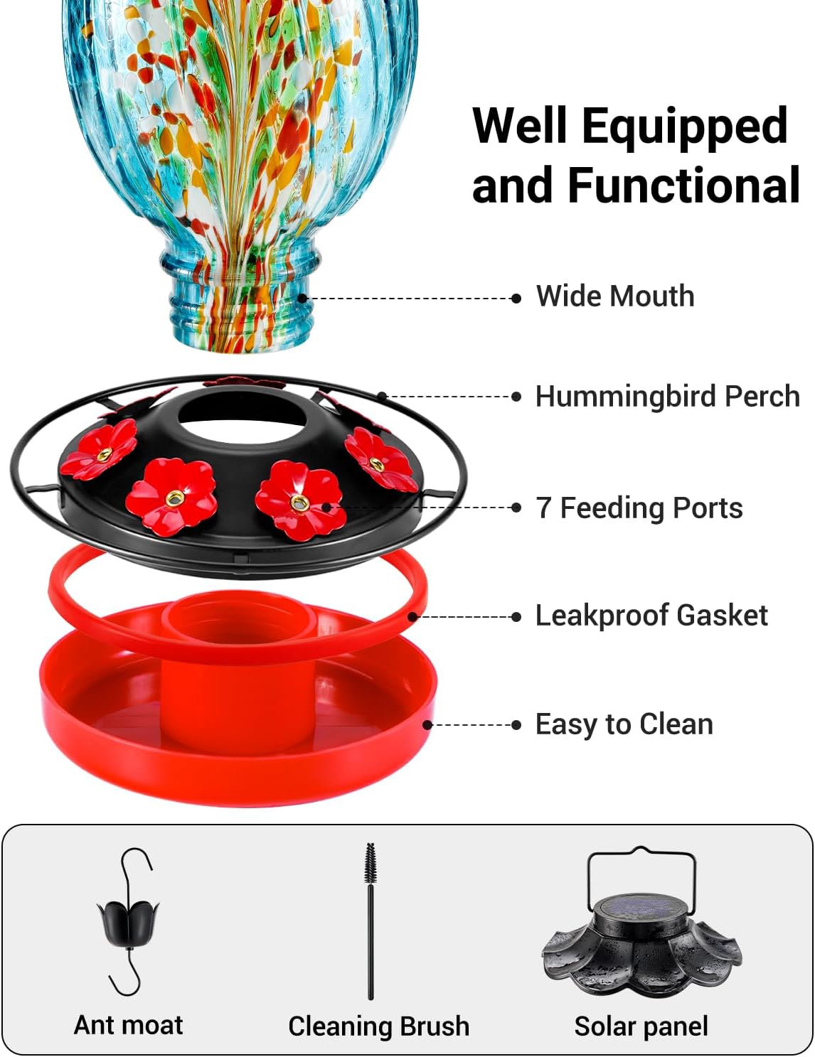 Detalle de HouseSapp Solar Hummingbird Feeder (49 fl. oz) — Color-Changing Hand-Blown Glass, 7 Feeding Ports, Never Leak