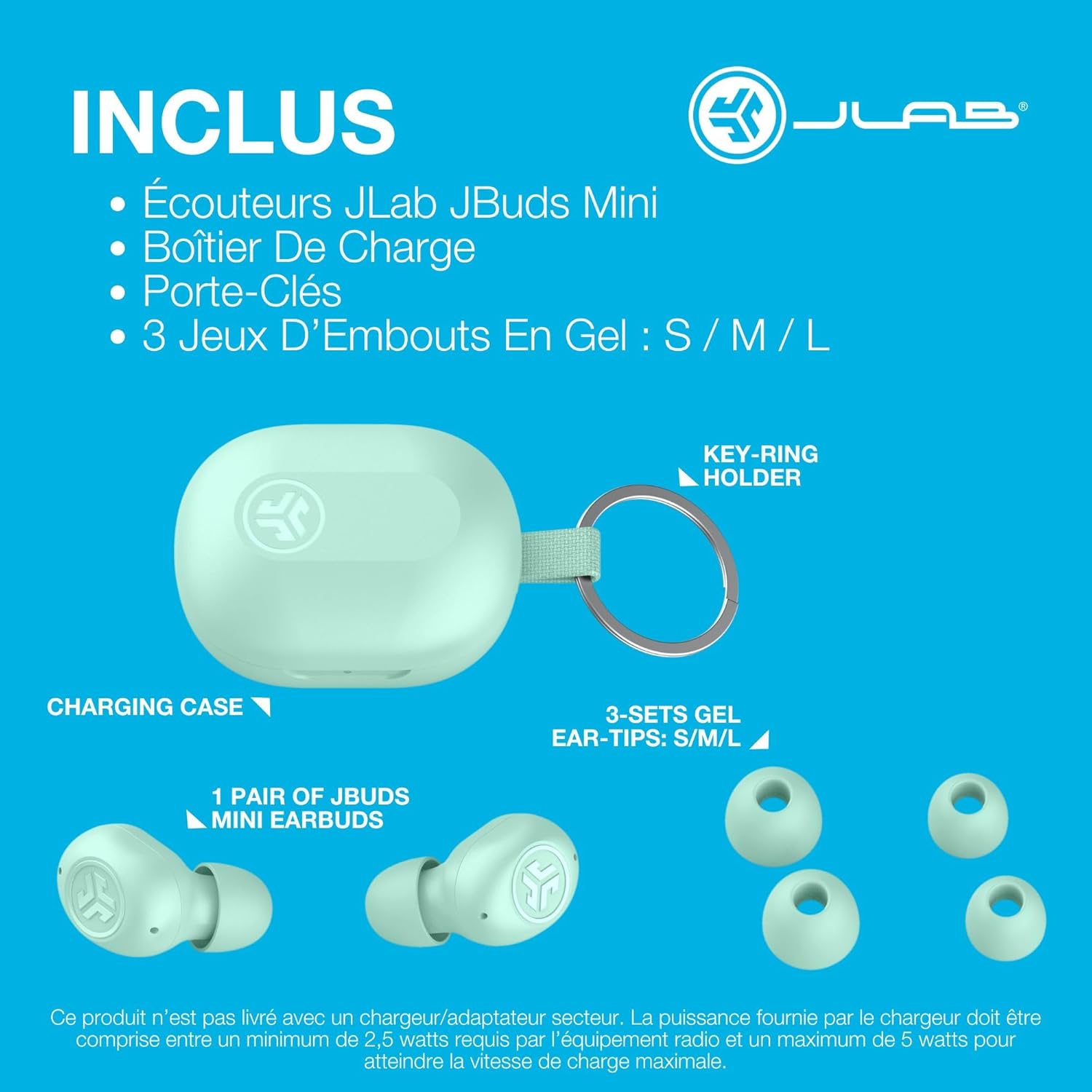 Thumbnail 6 de JLab JBuds Mini : écouteurs Bluetooth sans fil compacts, micro et boîtier USB, jusqu’à 20+ h d’autonomie (Menthe)