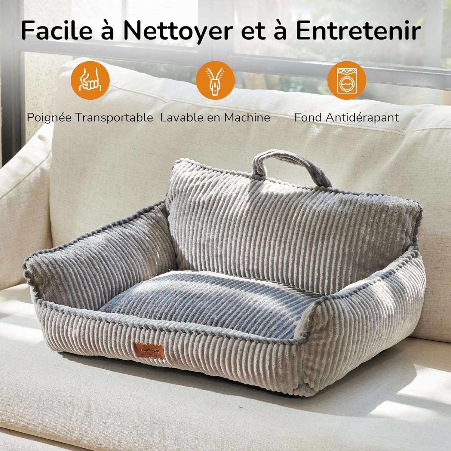 Thumbnail 4 de FUKUMARU Panier pour chien en velours côtelé avec housse lavable et fond anti-dérapant – Gris, 71 cm