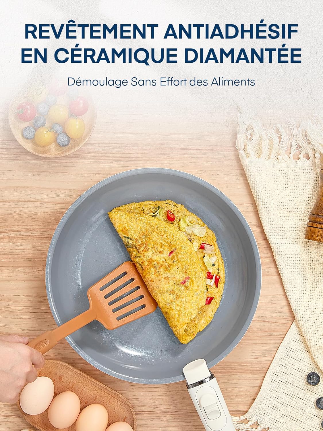 Thumbnail 3 de FOHERE lot de 3 poêles 20/24/28 cm avec poignée amovible (revêtement céramique, induction)