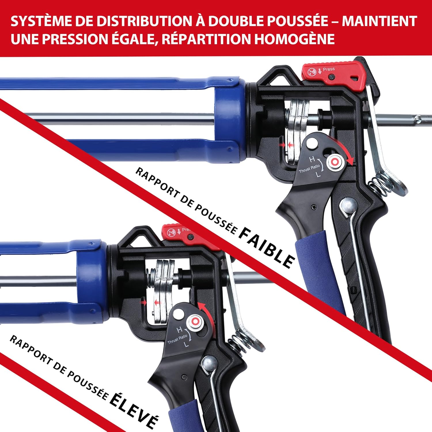 Thumbnail 2 de WORKPRO Pistolet à Calfeutrer Silicone en Métal – double poussée, 360° et 2 rapports 9:1 / 18:1