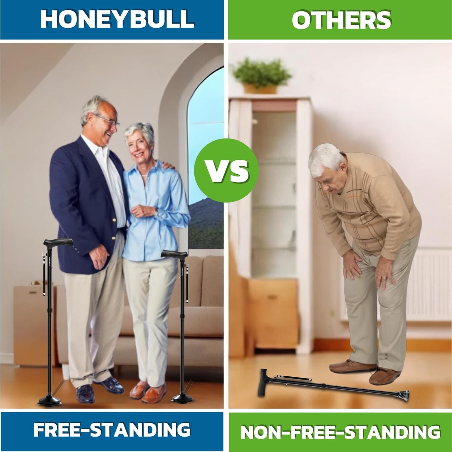 Detalle de HONEYBULL Folding Walking Cane: All-Terrain, Adjustable & Heavy-Duty for Seniors and Adults