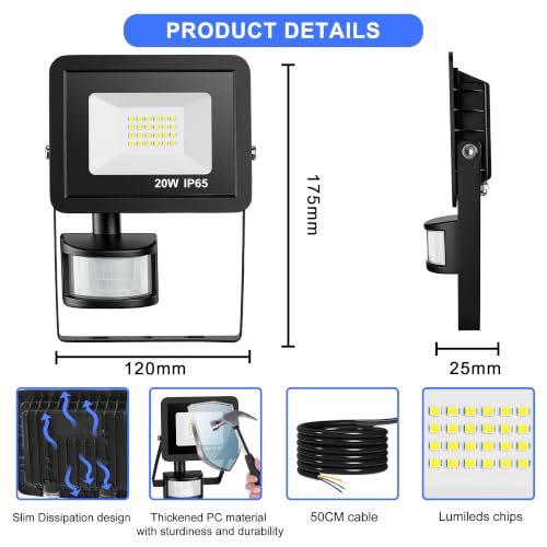 Detalle de Realky 20W LED Strahler mit Bewegungsmelder – 2000 lm, IP65, 12 m Erkennung