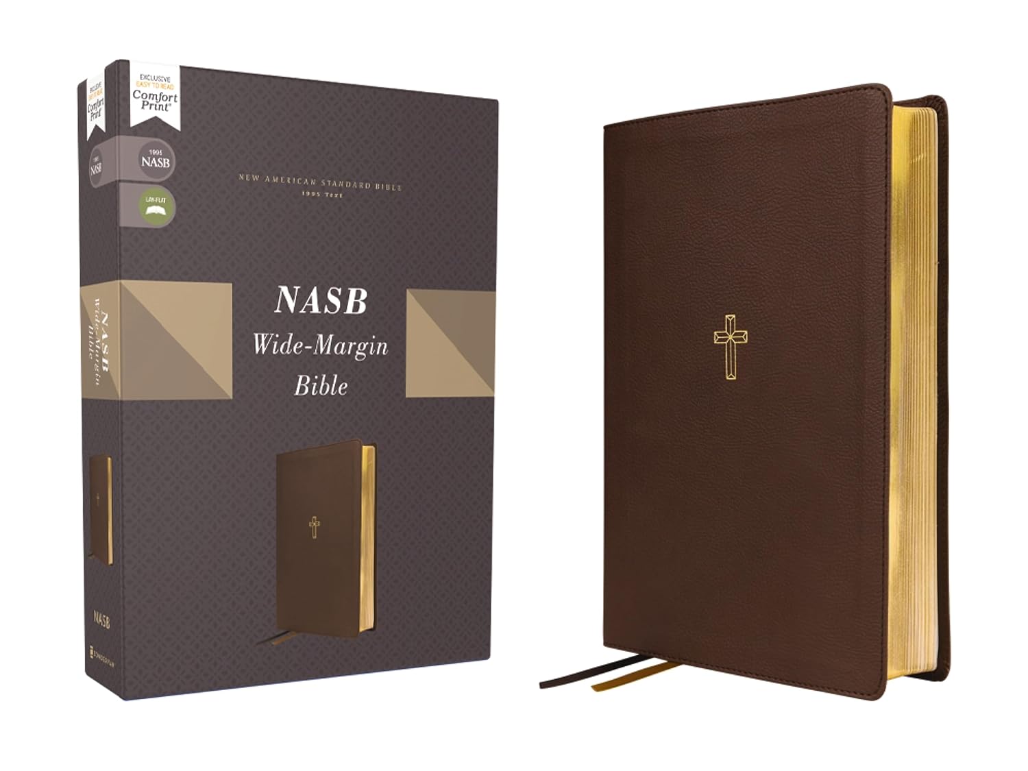 Detalle de Zondervan NASB Wide Margin Bible, Brown Leathersoft, Red Letter, 1995 Text