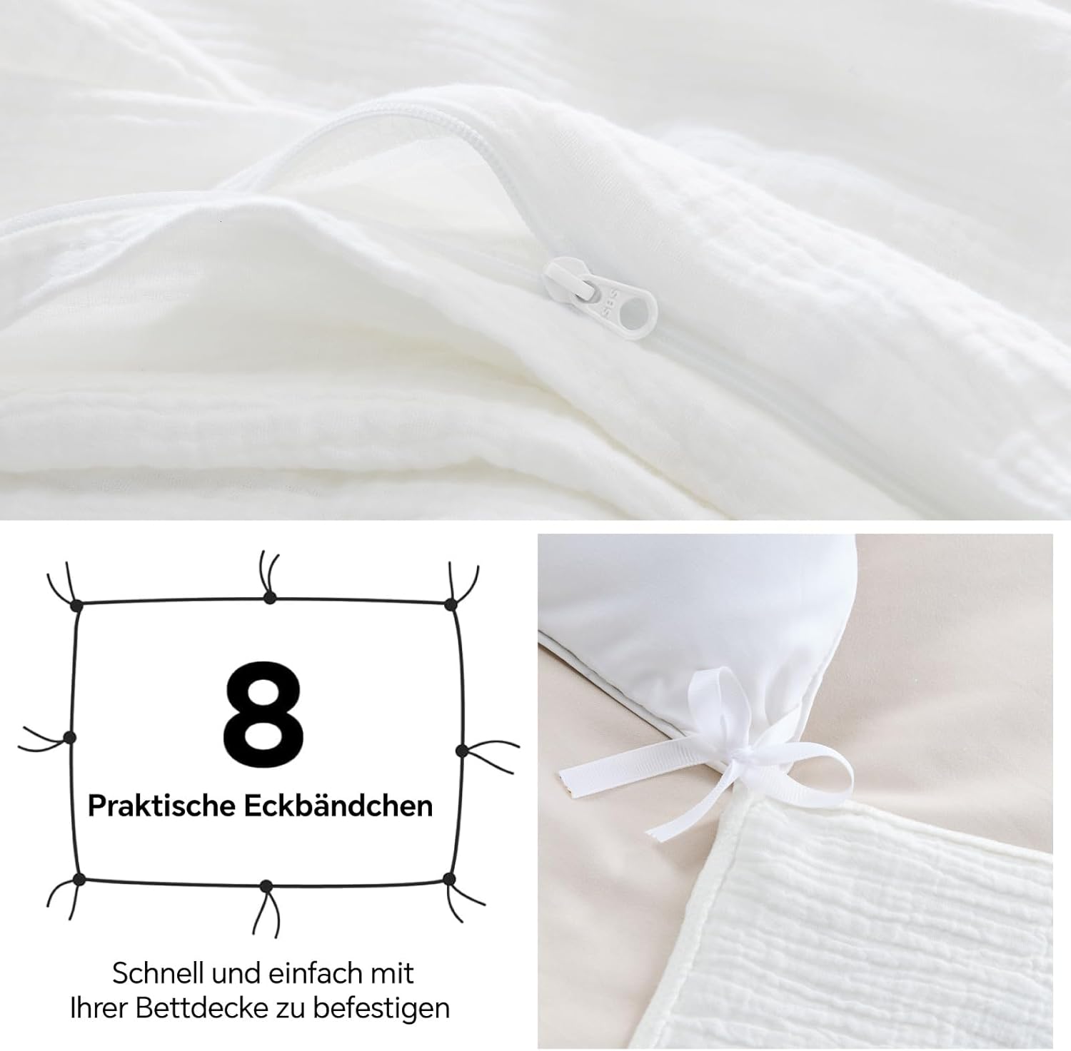 Thumbnail 5 de BEDELITE Musselin Bettwäsche 155x220 aus Baumwolle (3-teilig) mit Reißverschluss