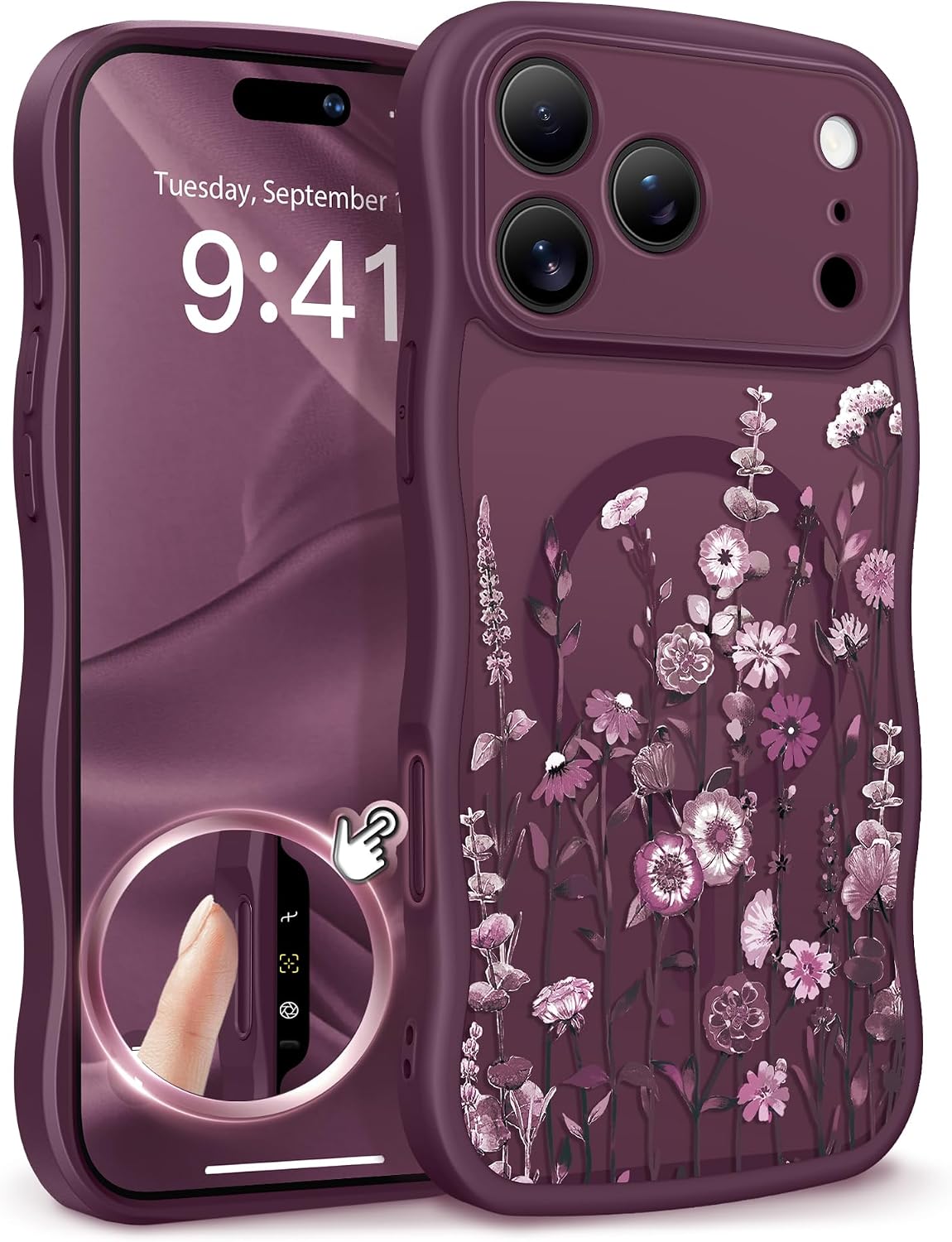 Detalle de GVIEWIN Floral Translucent MagSafe Case for iPhone 17 Pro Max (Curly Wave Edge) – Full Camera Protection