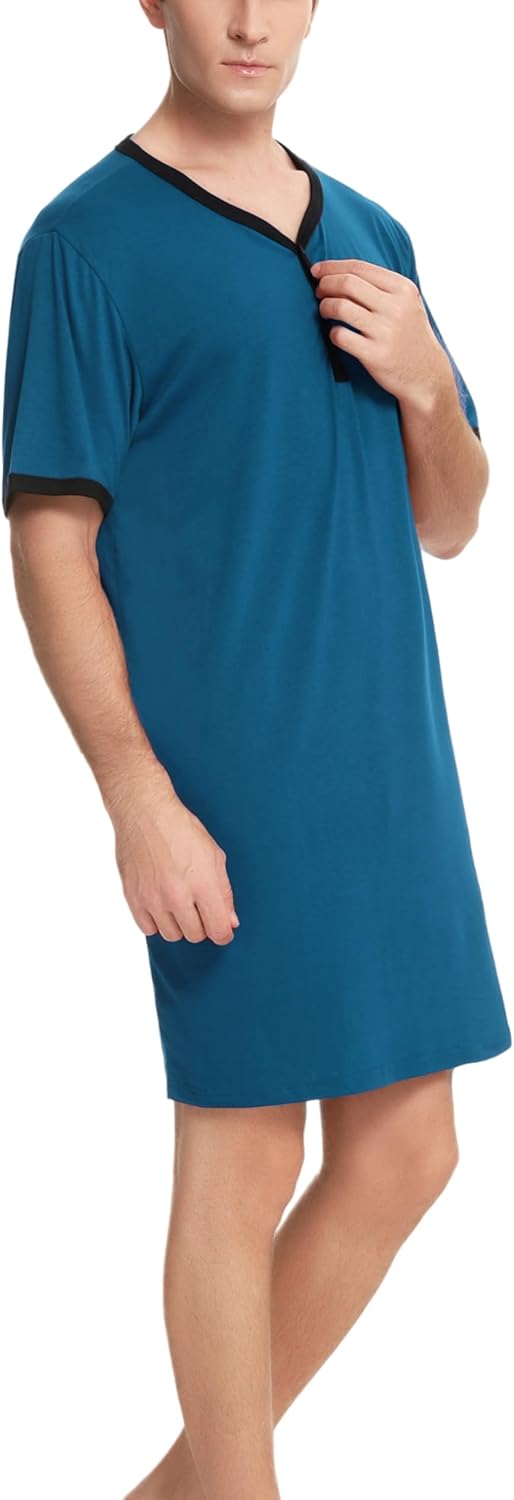 Detalle de Men's Cotton Pyjama Tops: Breathable Knee-Length Nightwear with Button-Down Collar