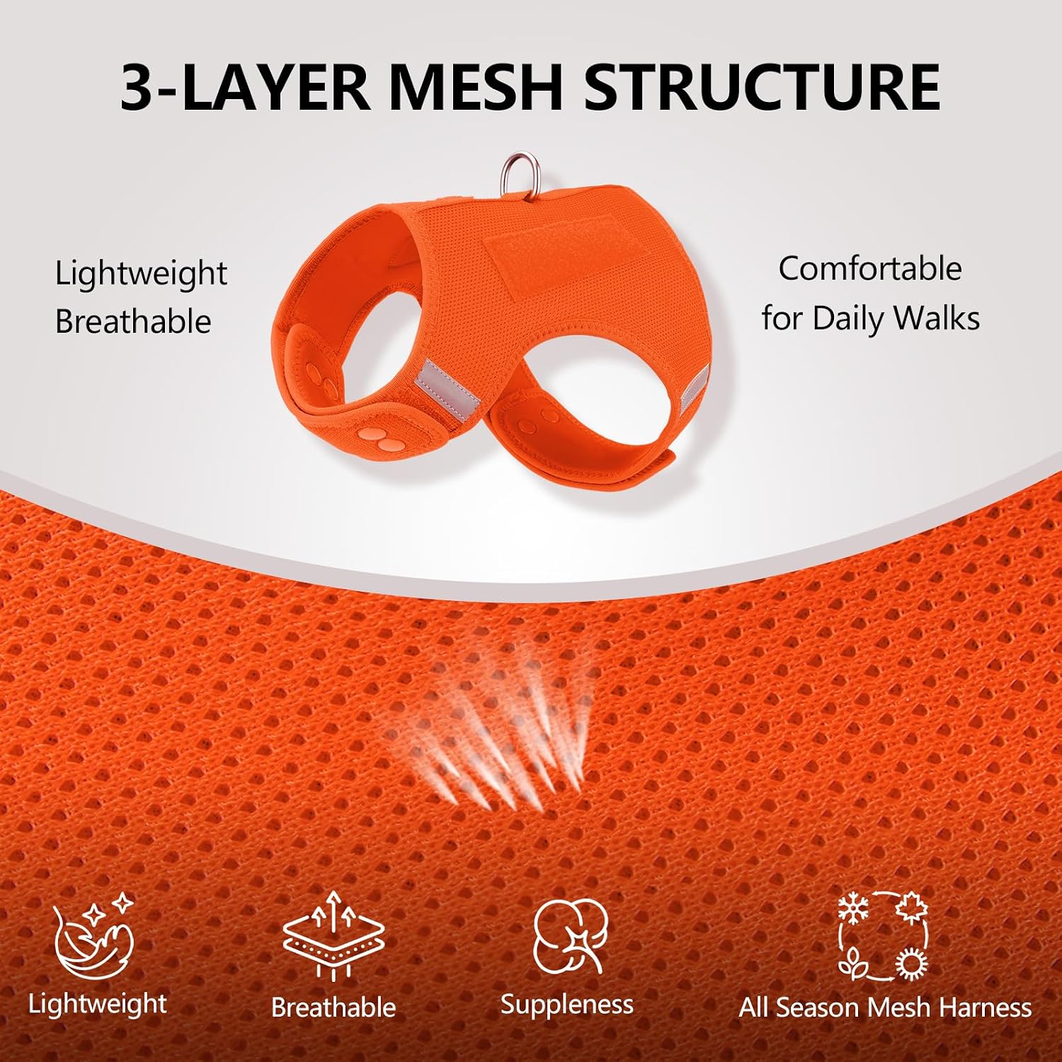 Detalle de Sunraymascota Small Dog Harness — Adjustable, Breathable Vest with Reflective Strips and Patches (Orange, S)