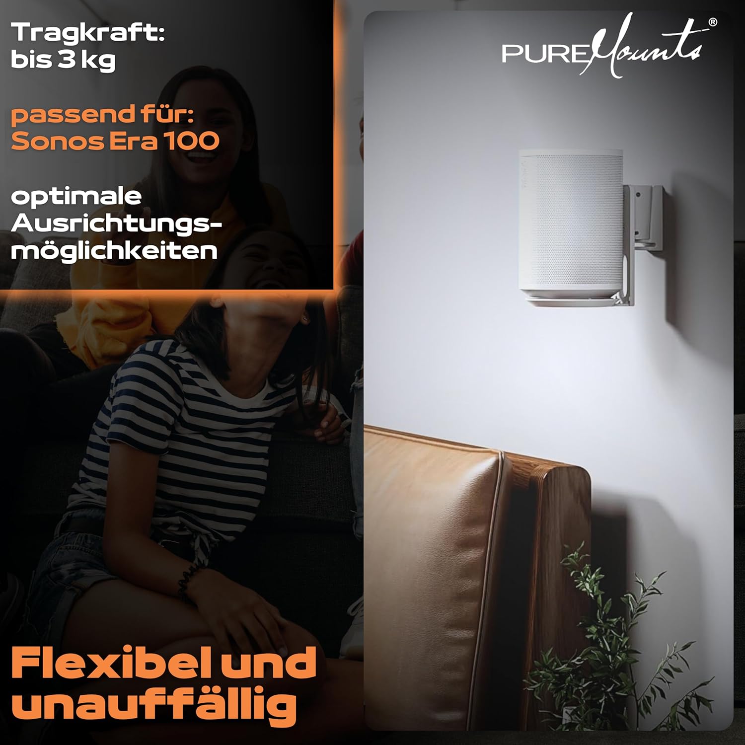 Detalle de PureMounts supporto a parete per diffusori Sonos Era 100 (set da 2) bianco, orientabile ±45° e inclinabile 0/-18°