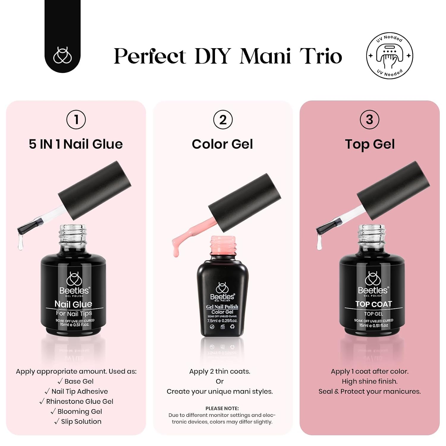 Detalle 2 de Beetles Gel-Nagel-Set: 600 lange Sargnagelspitzen, 5-in-1-Gelkleber, Rosa Gel, Decklack und Lampe