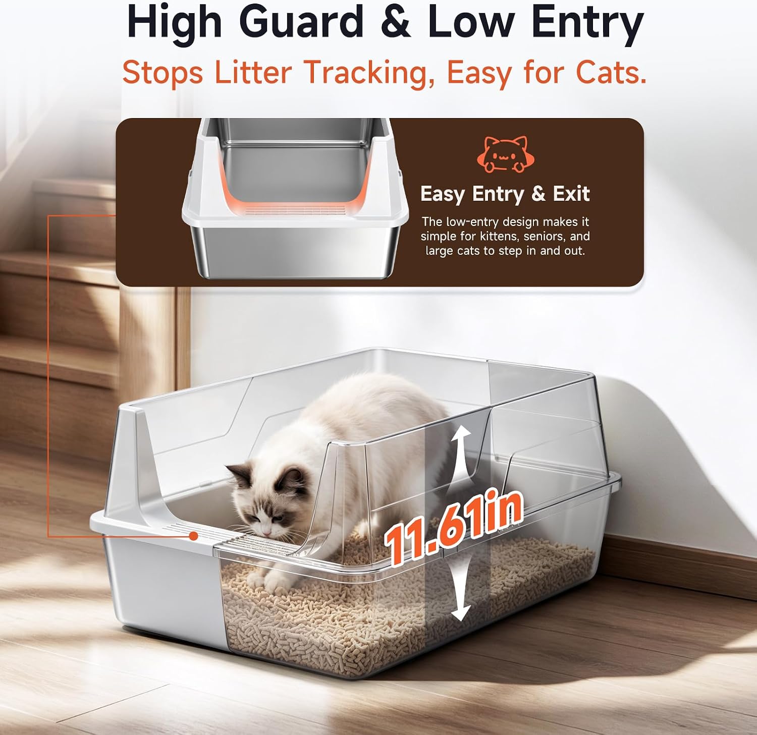 Detalle 2 de OneBug MSP-XC-W607-Grey XXL Stainless Steel Cat Litter Box with High Guard